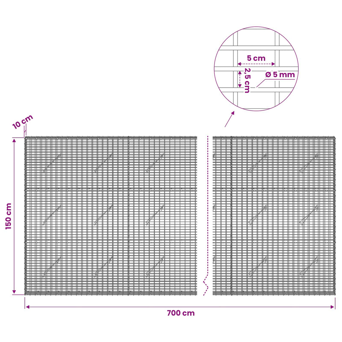 Gabionas su 5 mm viela ir 5x2,5 cm tinkleliu 700x10x150 cm