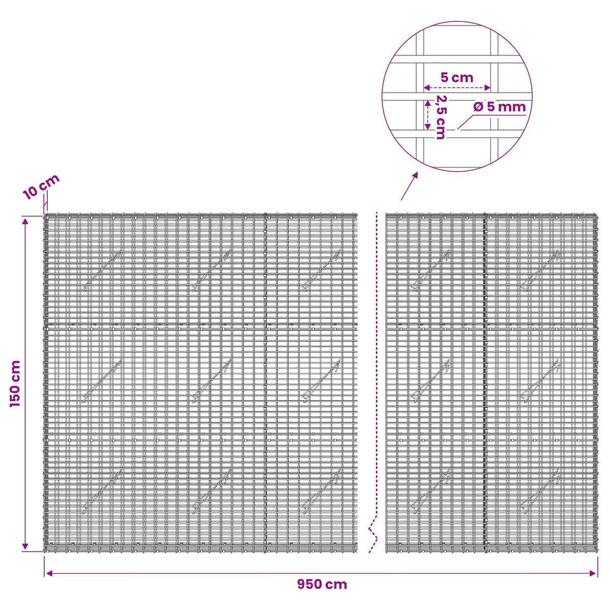 Gabionas su 5 mm viela ir 5x2,5 cm tinkleliu 950x10x150 cm