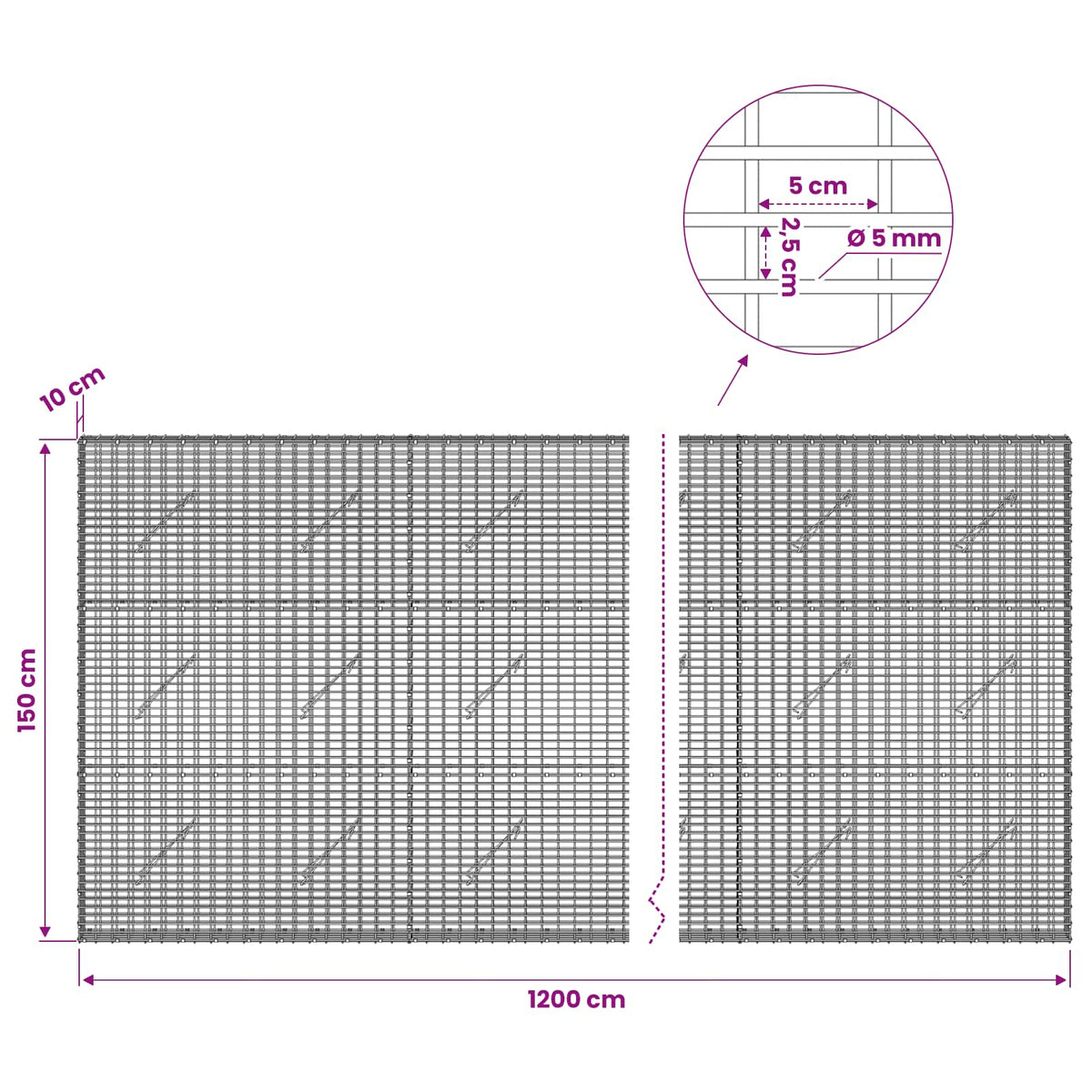 Gabionas su 5 mm viela ir 5x2,5 cm tinkleliu 1200x10x150 cm