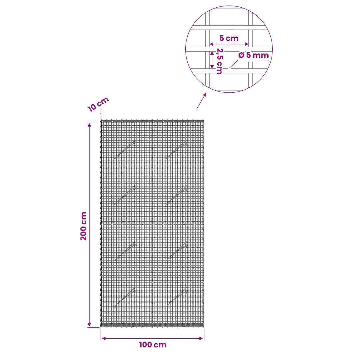 Gabionas su 5 mm viela ir 5x2,5 cm tinkleliu 100x10x200 cm