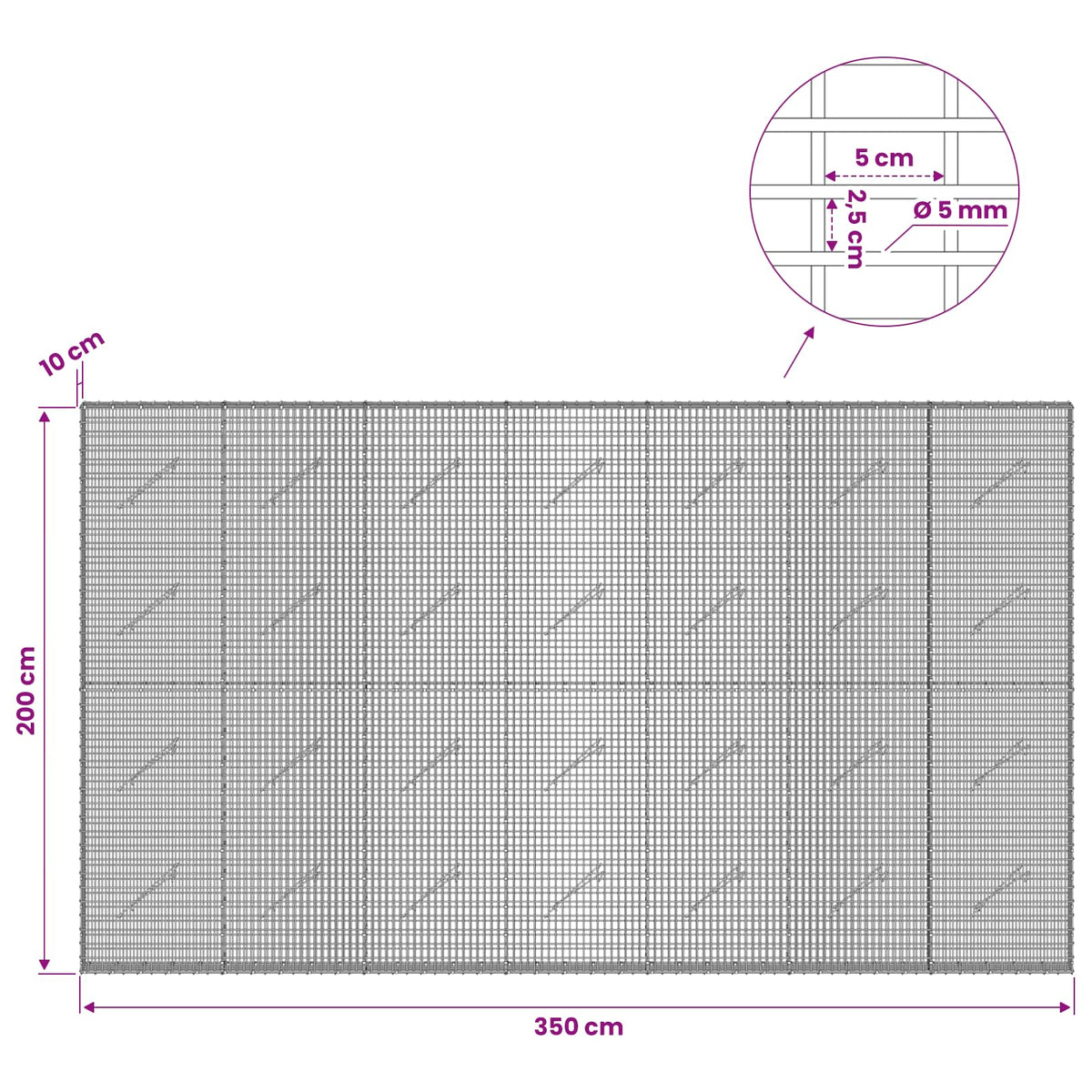 Gabionas su 5 mm viela ir 5x2,5 cm tinkleliu 350x10x200 cm