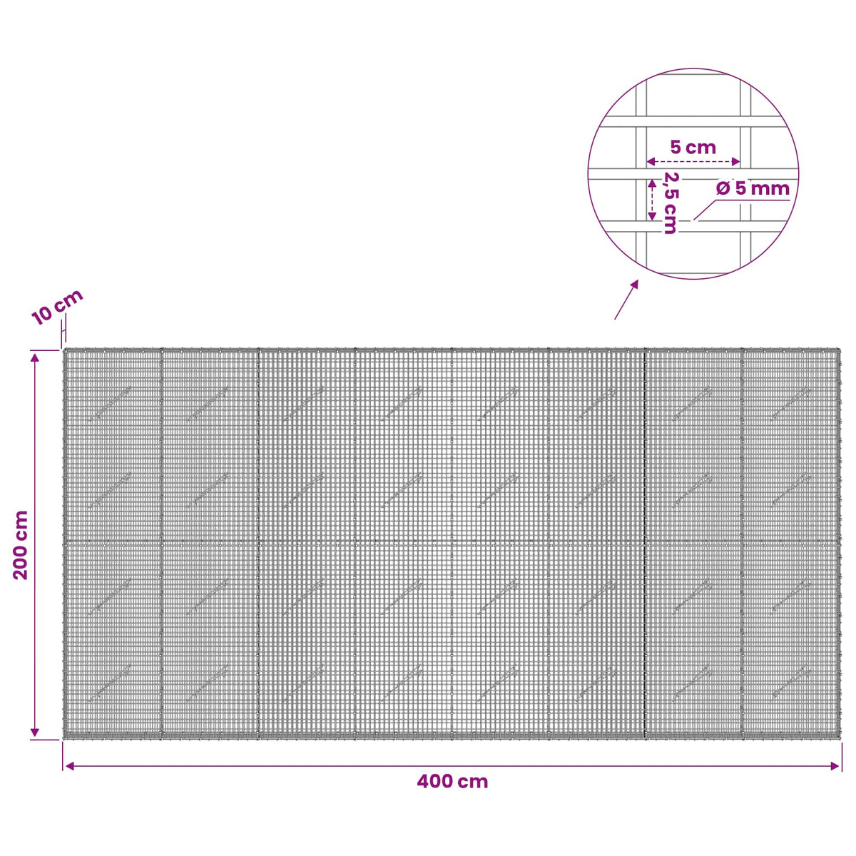 Gabionas su 5 mm viela ir 5x2,5 cm tinkleliu 400x10x200 cm