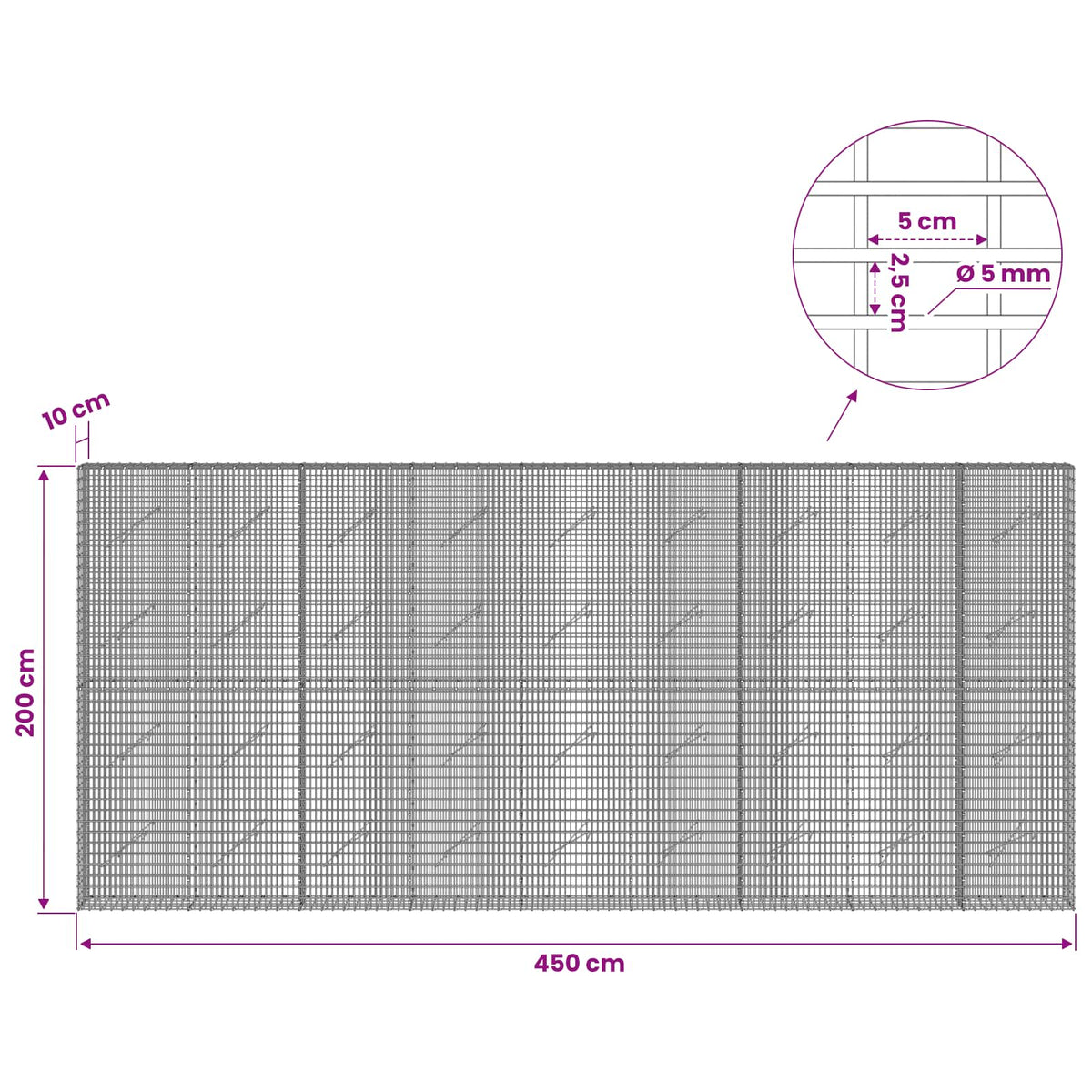 Gabionas su 5 mm viela ir 5x2,5 cm tinkleliu 450x10x200 cm