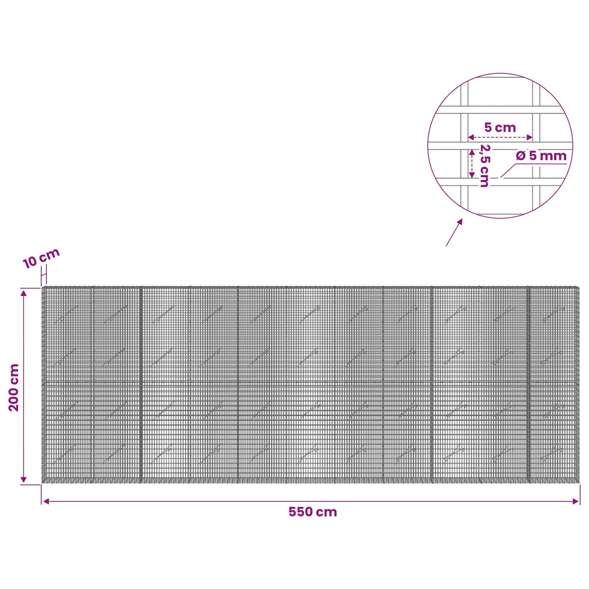Gabionas su 5 mm viela ir 5x2,5 cm tinkleliu 550x10x200 cm