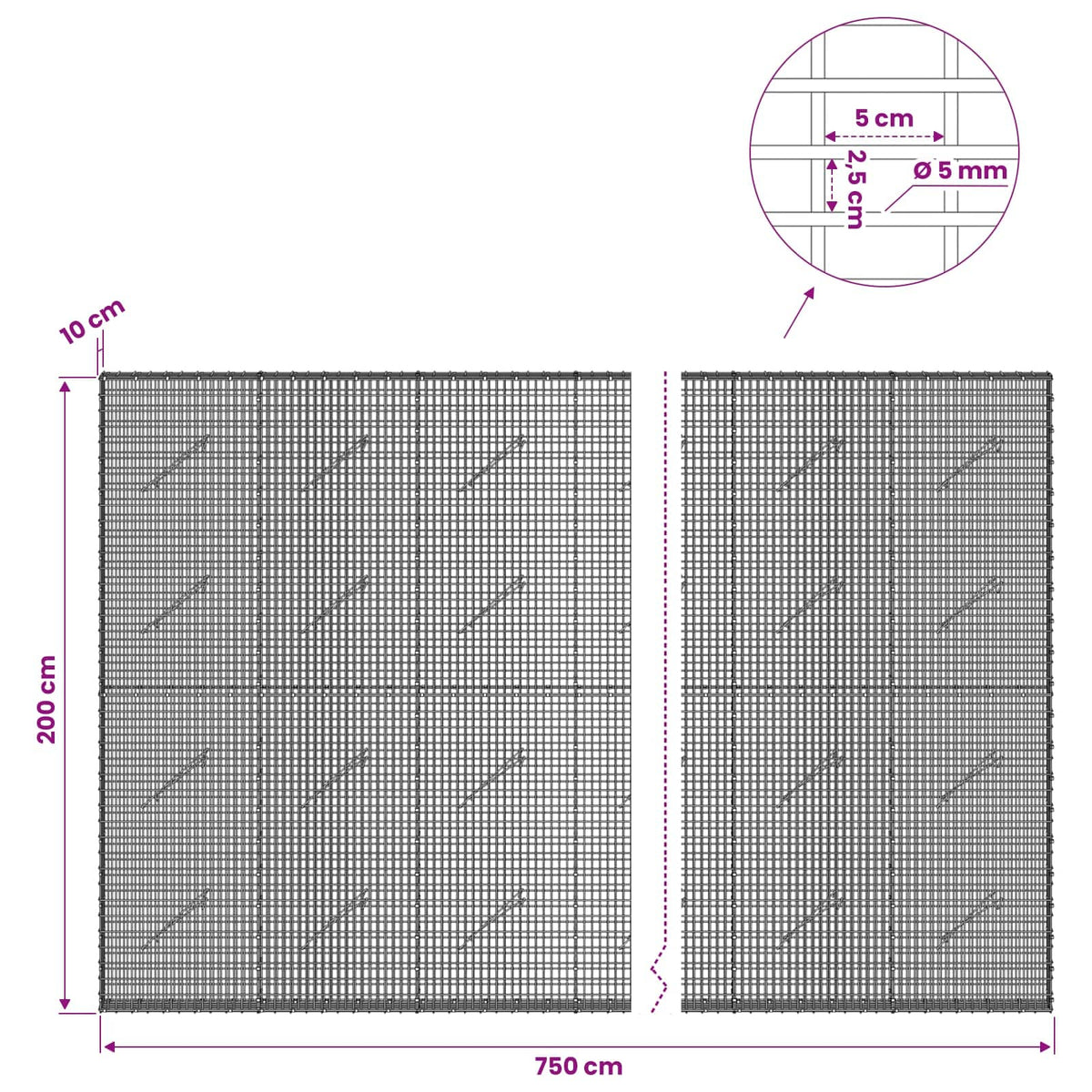 Gabionas su 5 mm viela ir 5x2,5 cm tinkleliu 750x10x200 cm
