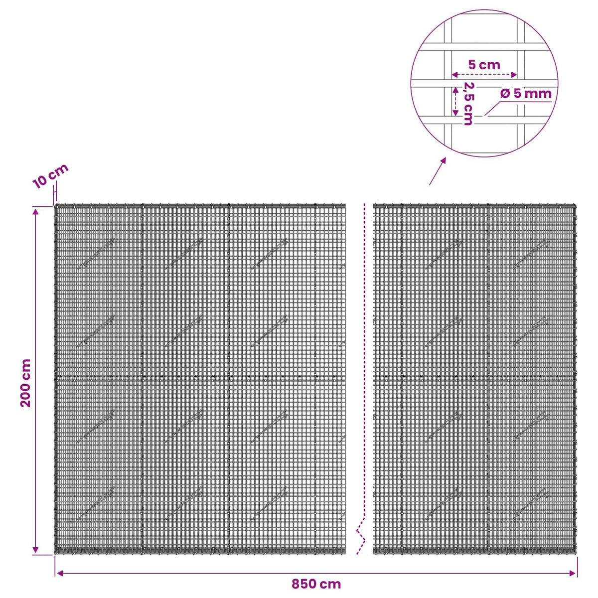 Gabionas su 5 mm viela ir 5x2,5 cm tinkleliu 850x10x200 cm