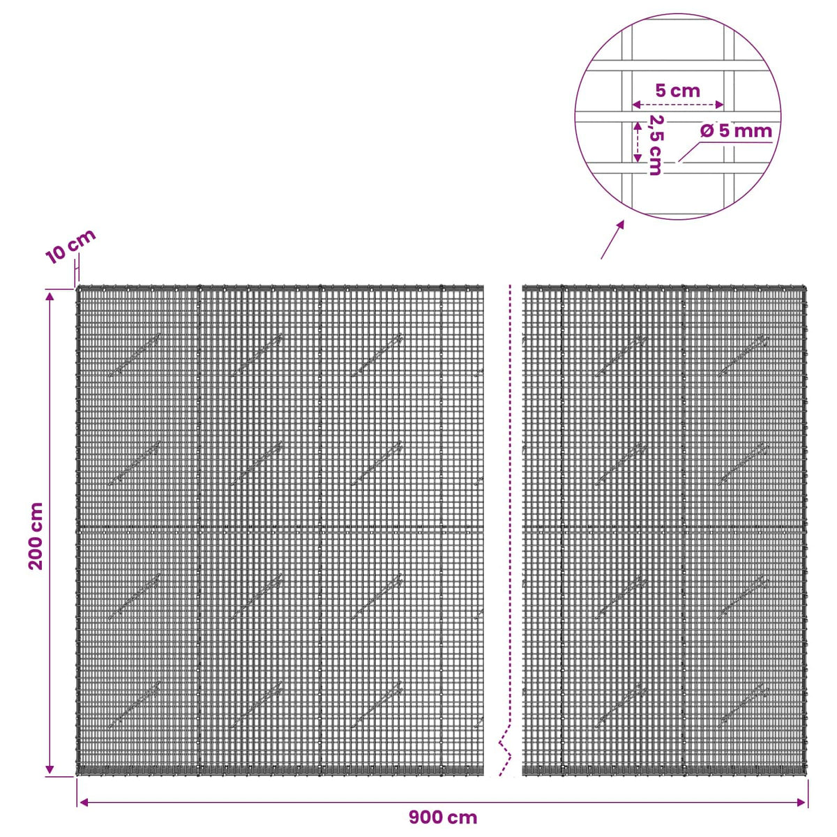 Gabionas su 5 mm viela ir 5x2,5 cm tinkleliu 900x10x200 cm