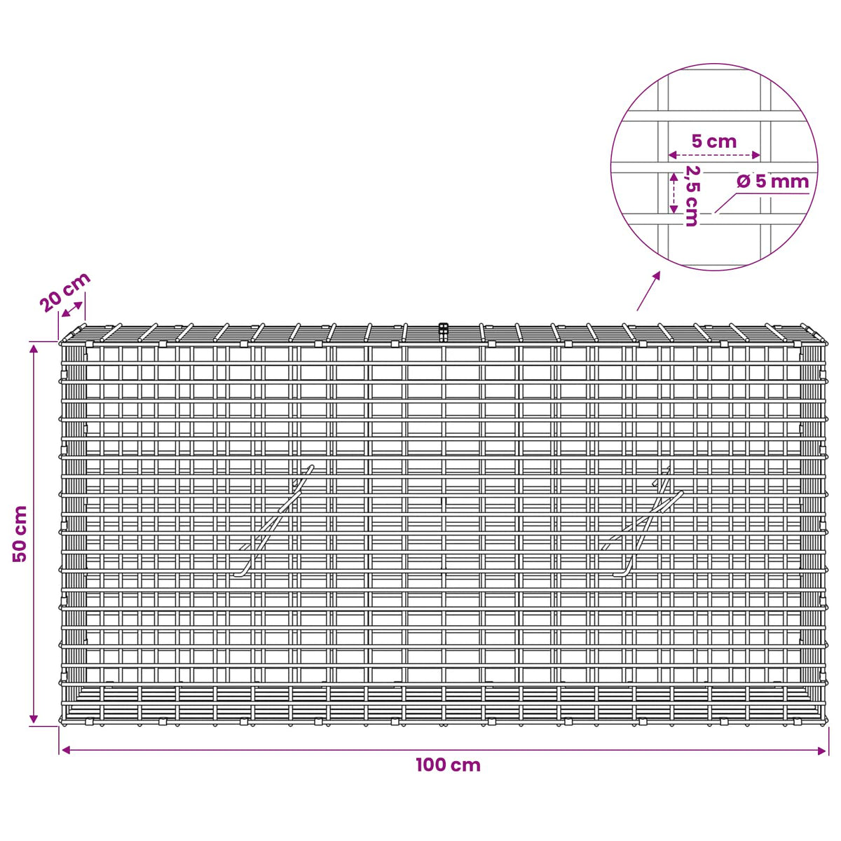 Gabionas su 5 mm viela ir 5x2,5 cm tinkleliu 100x20x50 cm