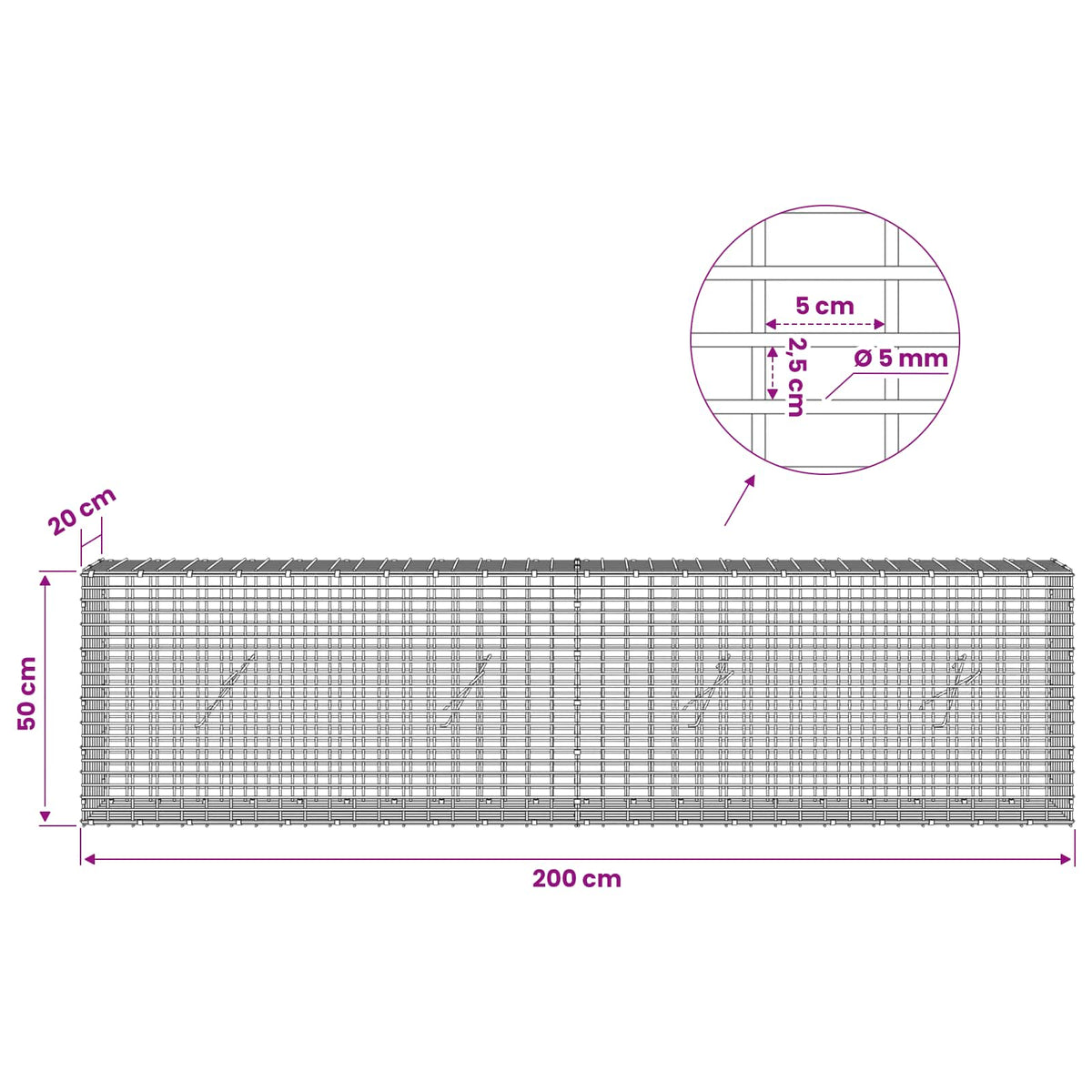 Gabionas su 5 mm viela ir 5x2,5 cm tinkleliu 200x20x50 cm