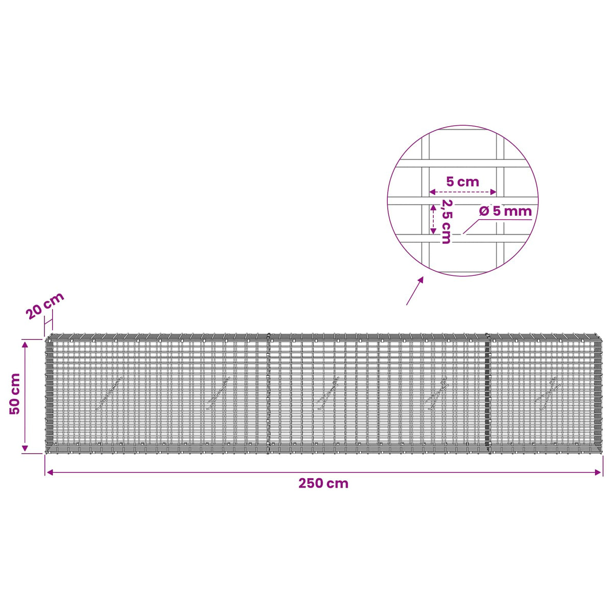 Gabionas su 5 mm viela ir 5x2,5 cm tinkleliu 250x20x50 cm