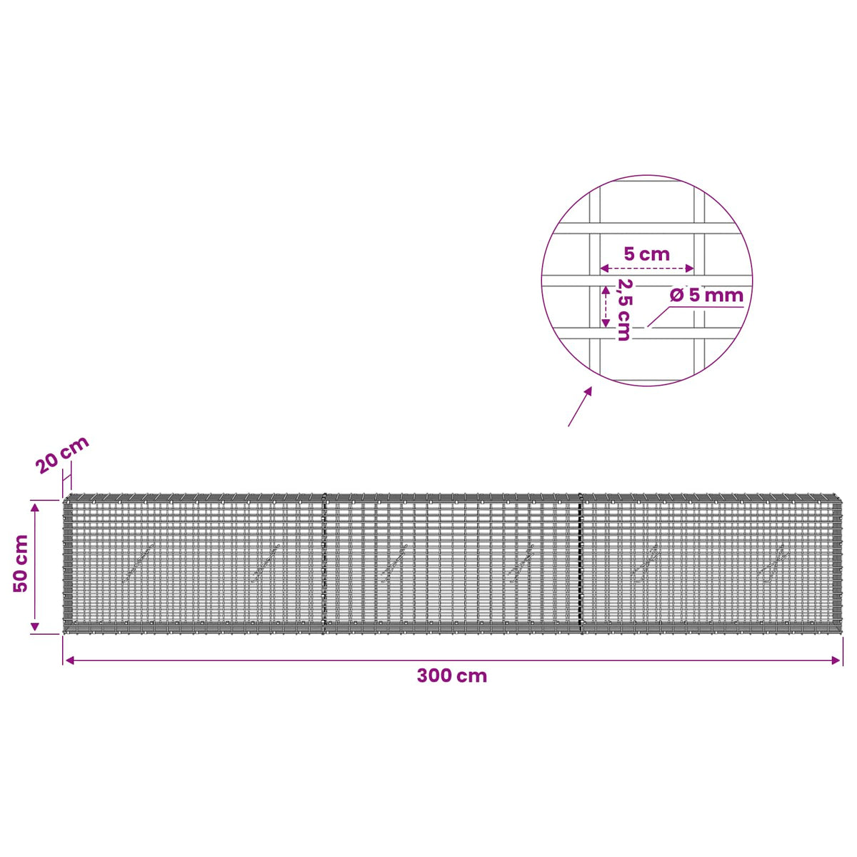 Gabionas su 5 mm viela ir 5x2,5 cm tinkleliu 300x20x50 cm