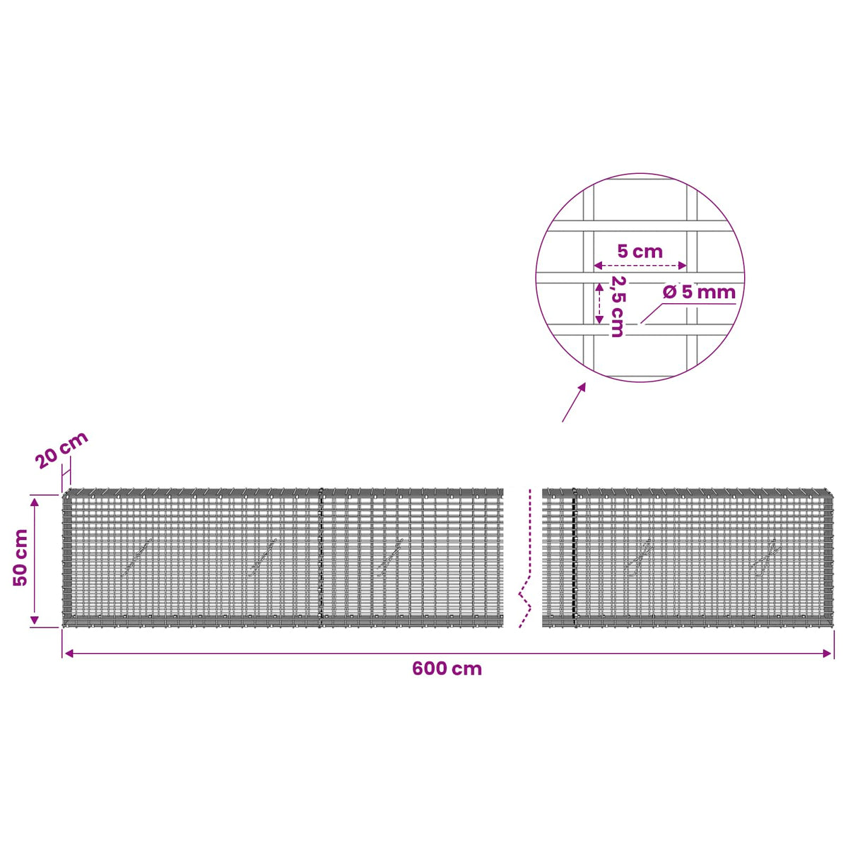 Gabionas su 5 mm viela ir 5x2,5 cm tinkleliu 600x20x50 cm