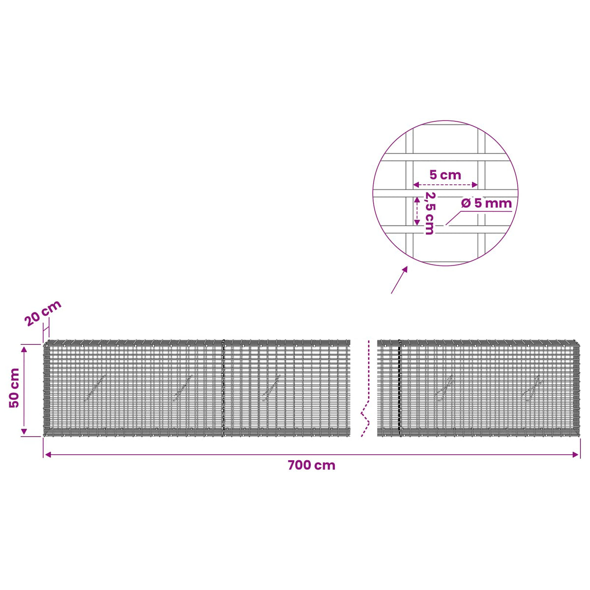 Gabionas su 5 mm viela ir 5x2,5 cm tinkleliu 700x20x50 cm