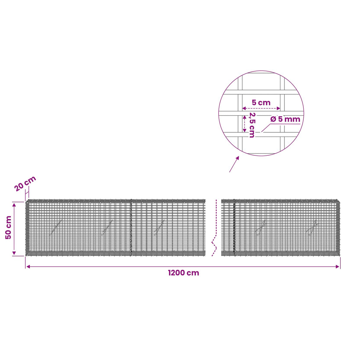 Gabionas su 5 mm viela ir 5x2,5 cm tinkleliu 1200x20x50 cm