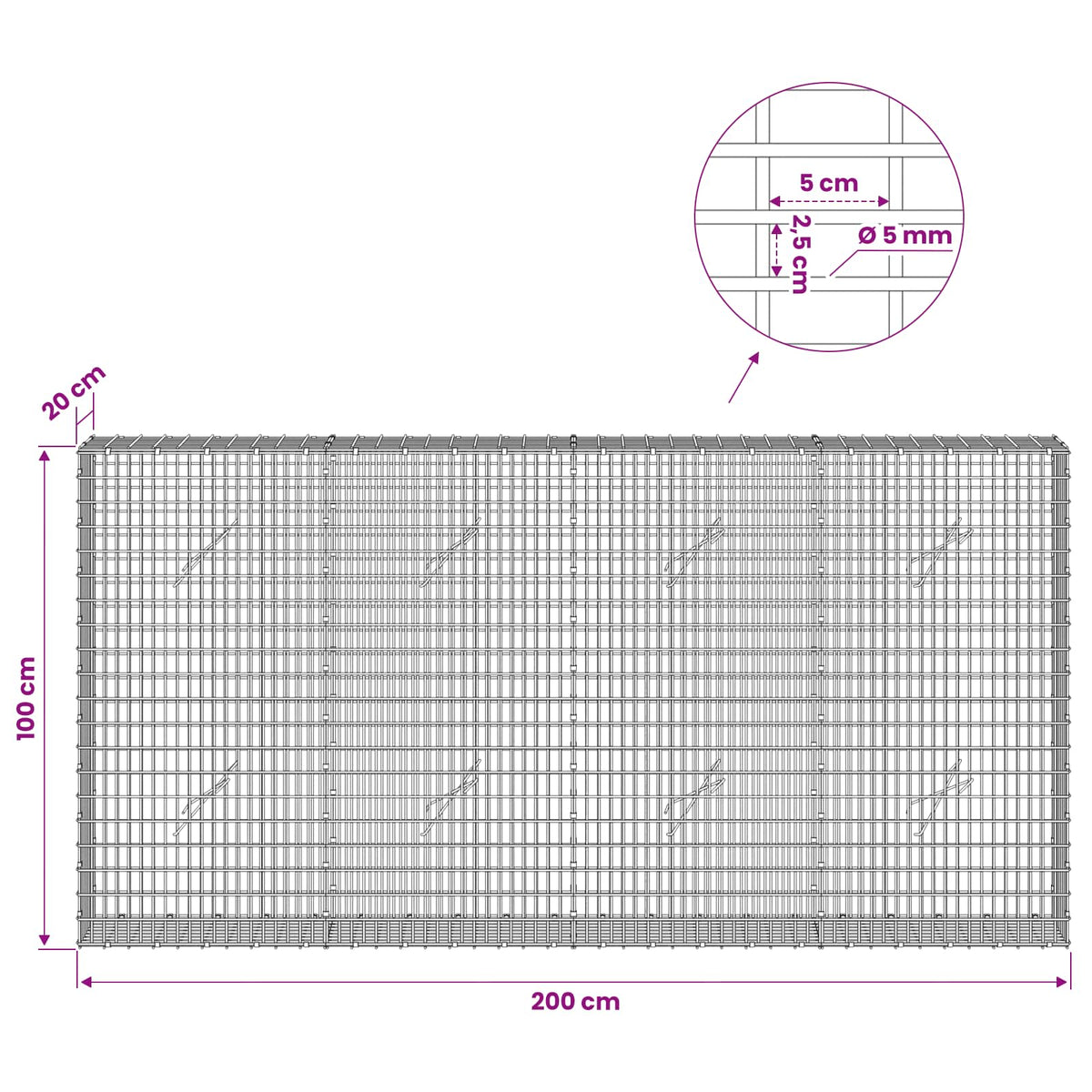 Gabionas su 5 mm viela ir 5x2,5 cm tinkleliu 200x20x100 cm