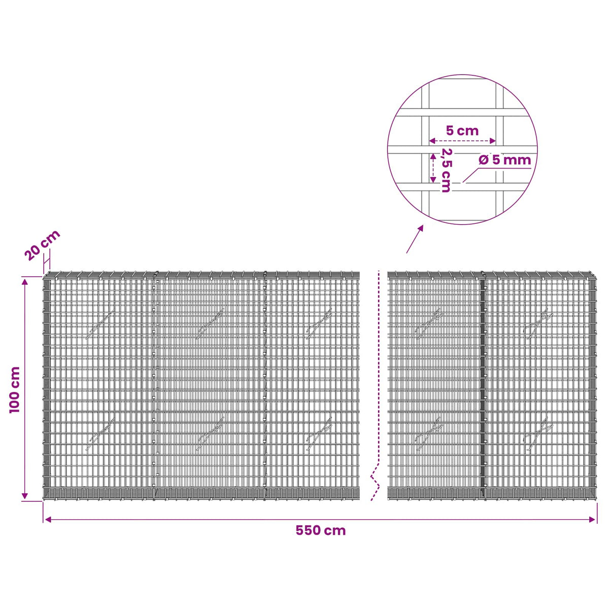 Gabionas su 5 mm viela ir 5x2,5 cm tinkleliu 550x20x100 cm