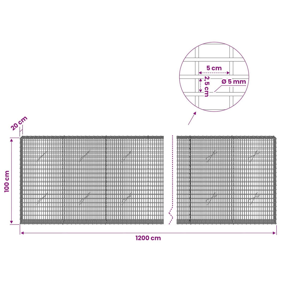 Gabionas su 5 mm viela ir 5x2,5 cm tinkleliu 1200x20x100 cm
