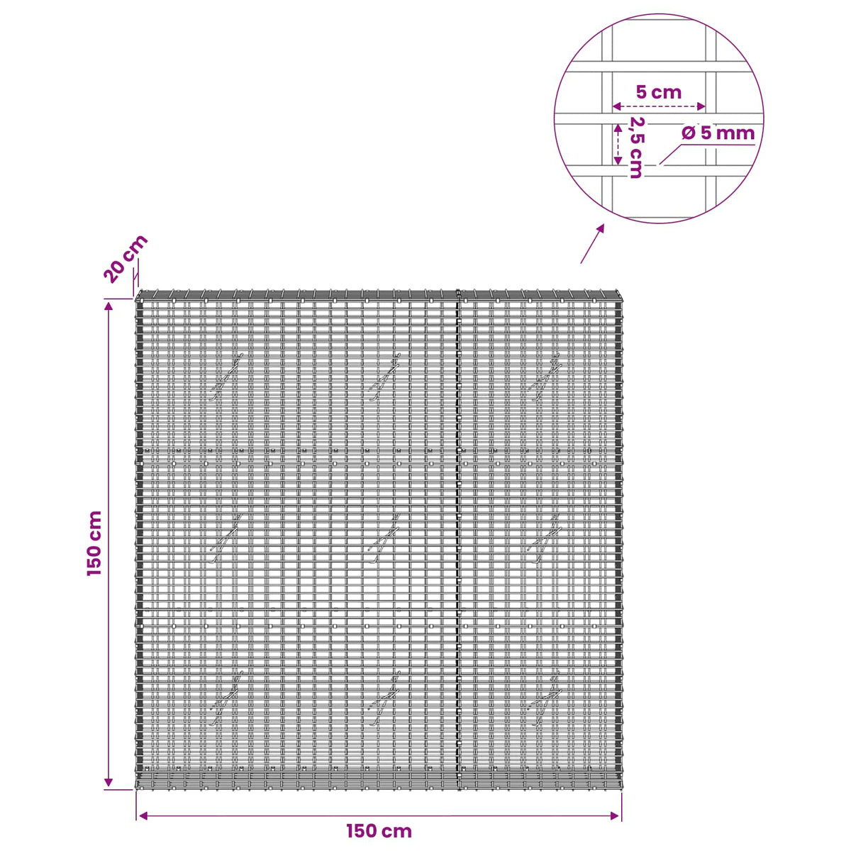 Gabionas su 5 mm viela ir 5x2,5 cm tinkleliu 150x20x150 cm
