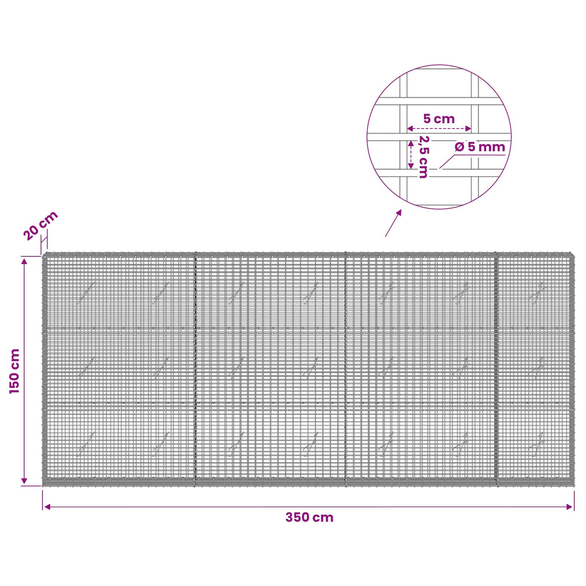 Gabionas su 5 mm viela ir 5x2,5 cm tinkleliu 350x20x150 cm