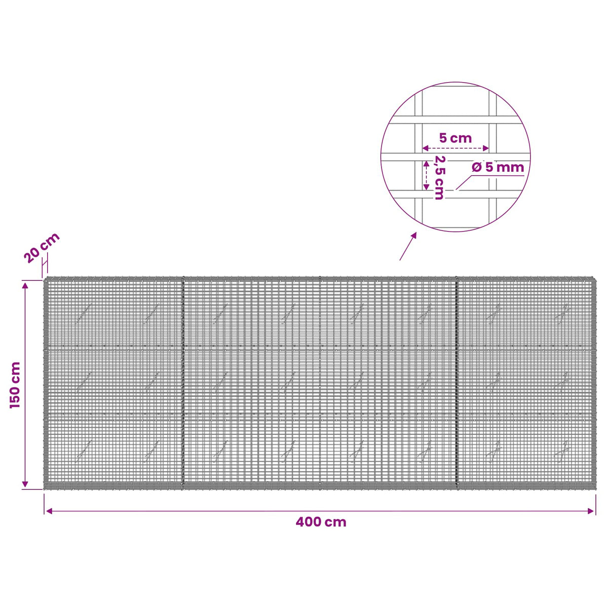 Gabionas su 5 mm viela ir 5x2,5 cm tinkleliu 400x20x150 cm