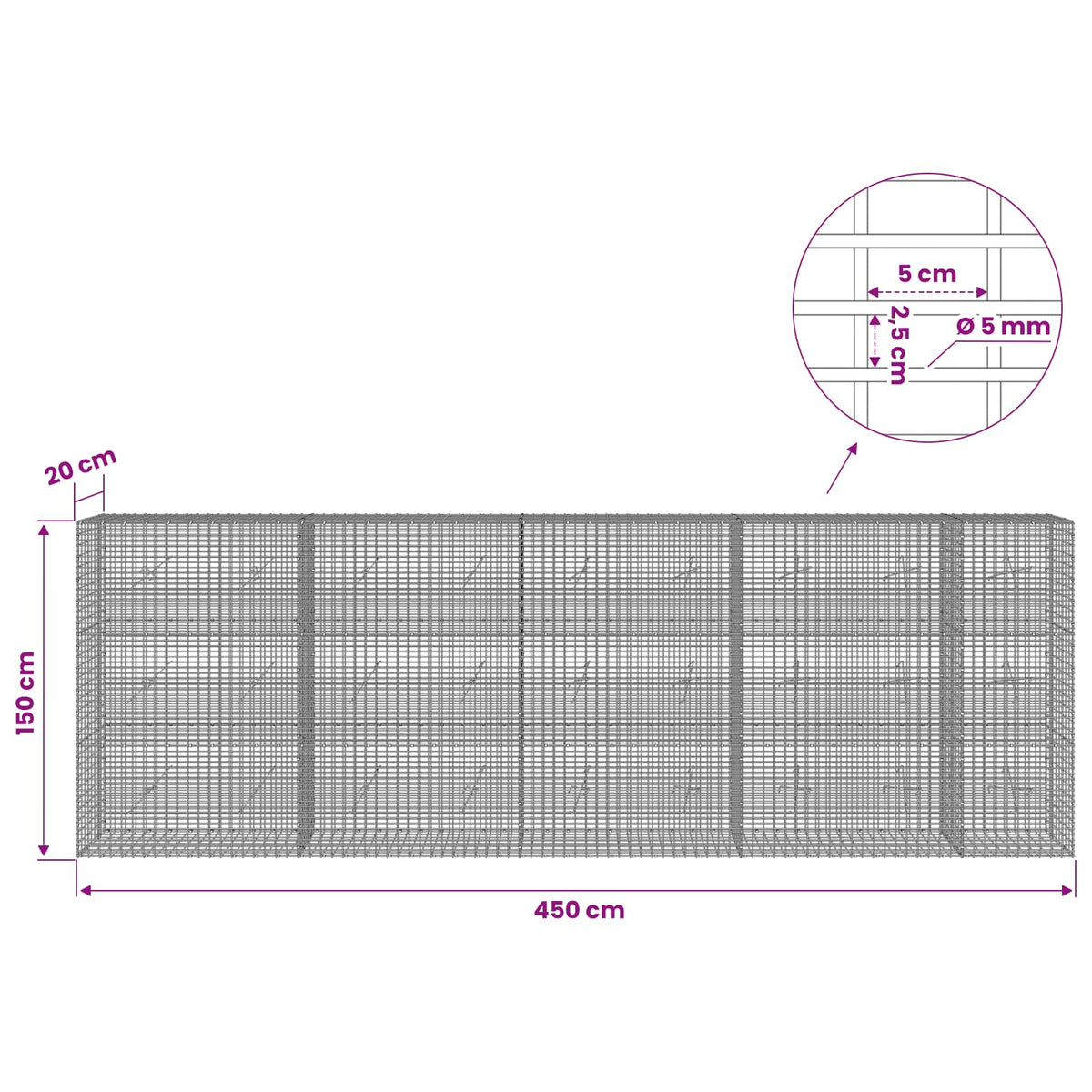 Gabionas su 5 mm viela ir 5x2,5 cm tinkleliu 450x20x150 cm