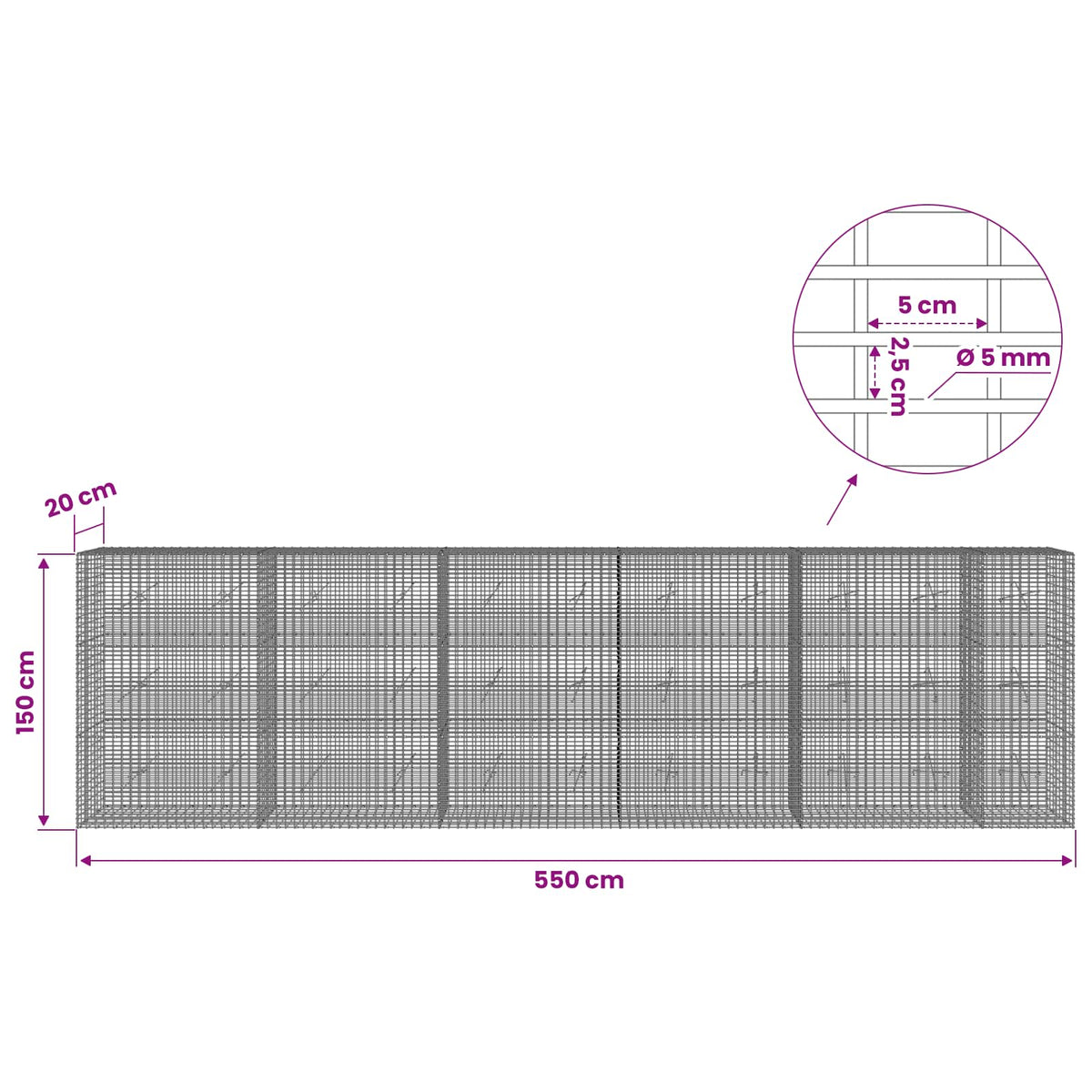 Gabionas su 5 mm viela ir 5x2,5 cm tinkleliu 550x20x150 cm