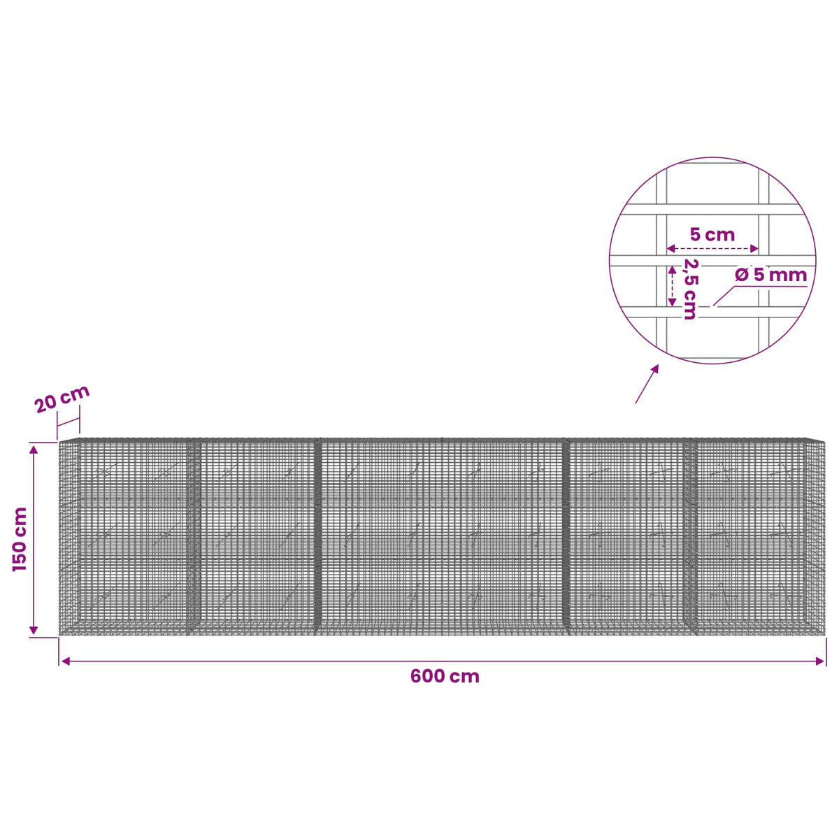 Gabionas su 5 mm viela ir 5x2,5 cm tinkleliu 600x20x150 cm