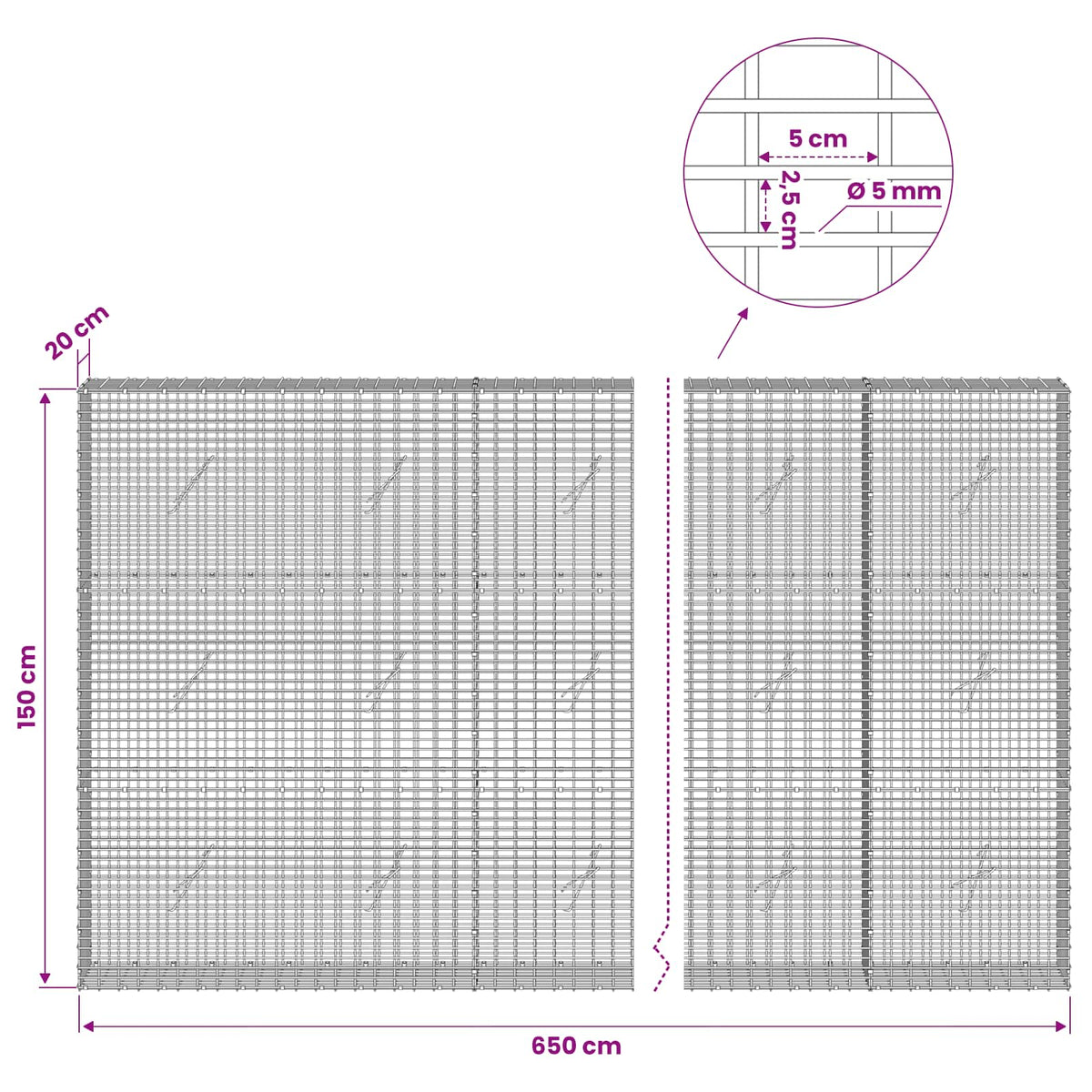 Gabionas su 5 mm viela ir 5x2,5 cm tinkleliu 650x20x150 cm