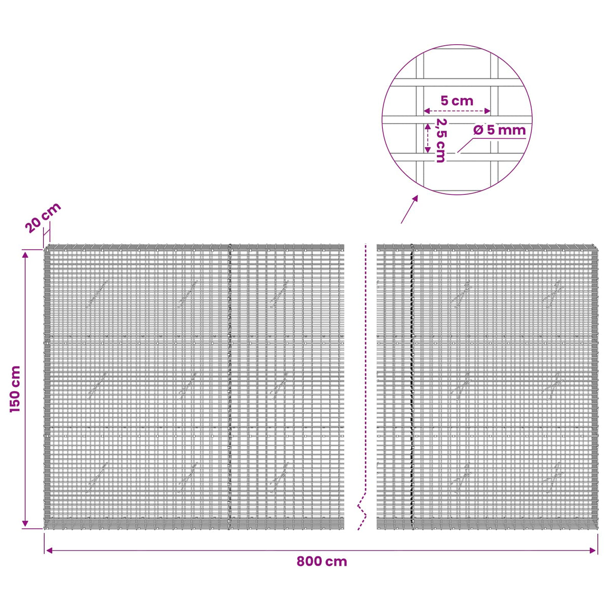 Gabionas su 5 mm viela ir 5x2,5 cm tinkleliu 800x20x150 cm