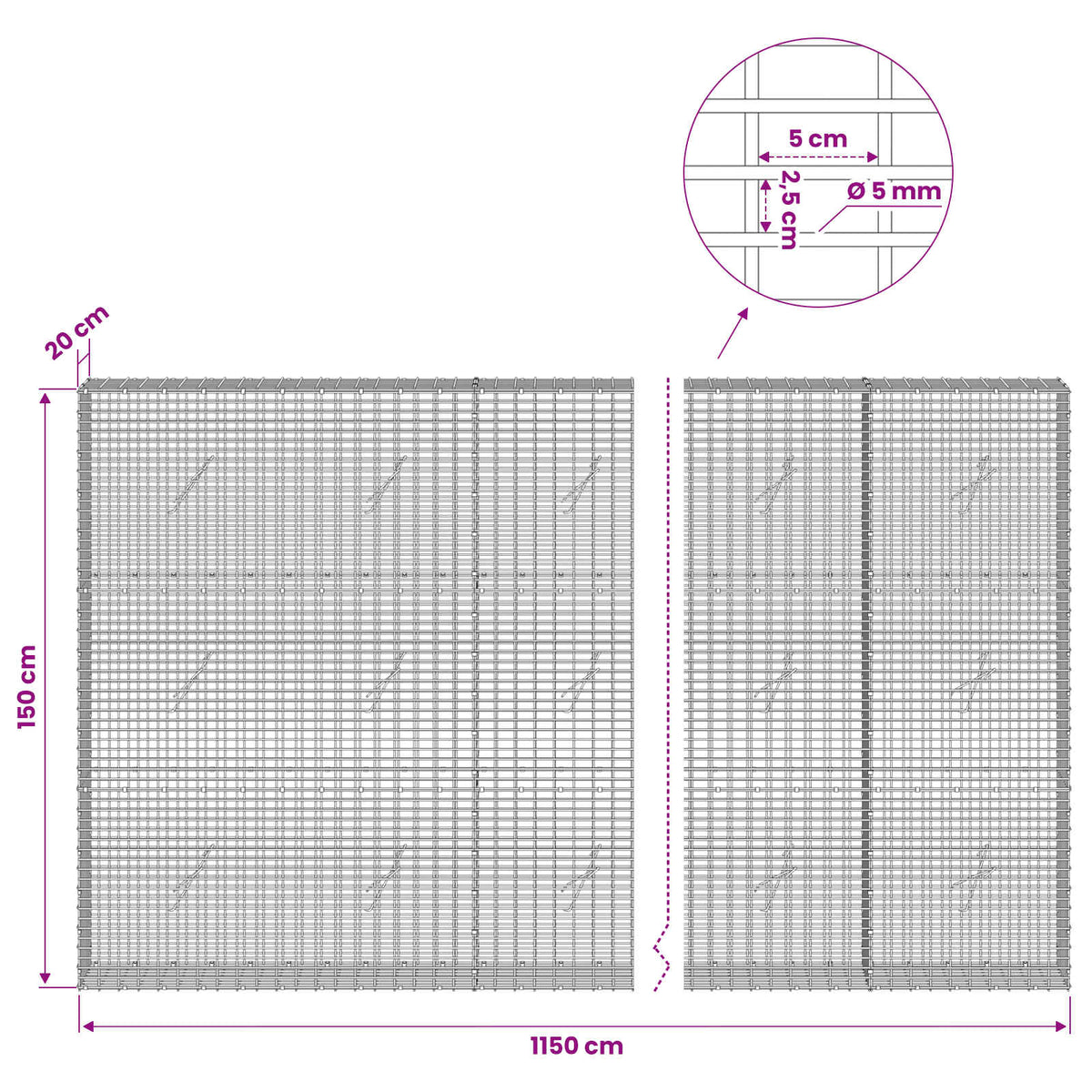 Gabionas su 5 mm viela ir 5x2,5 cm tinkleliu 1150x20x150 cm