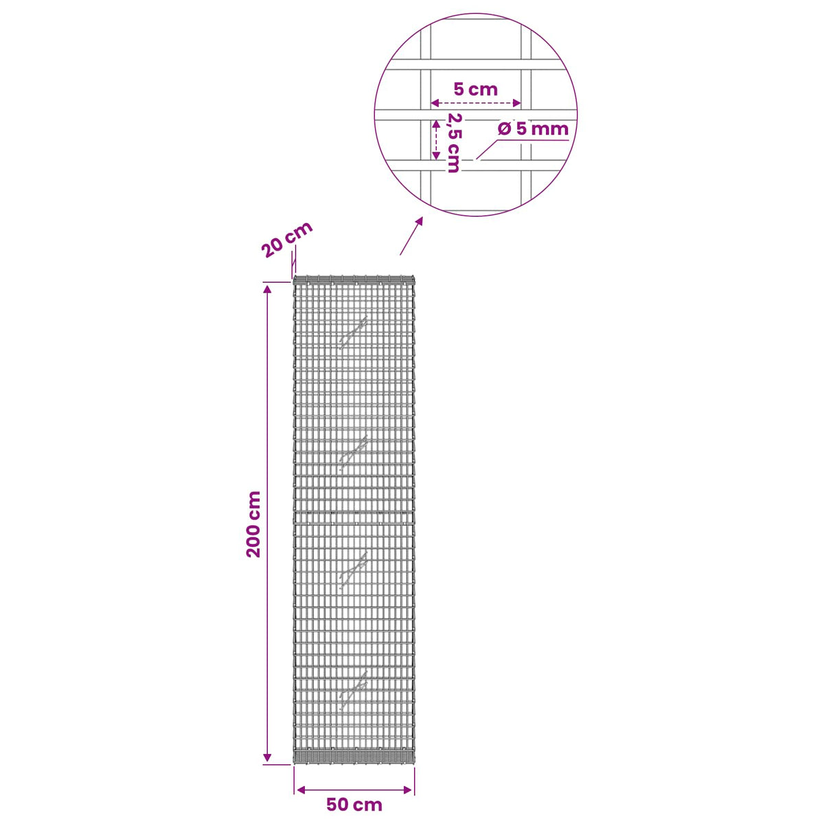 Gabionas su 5 mm viela ir 5x2,5 cm tinkleliu 50x20x200 cm
