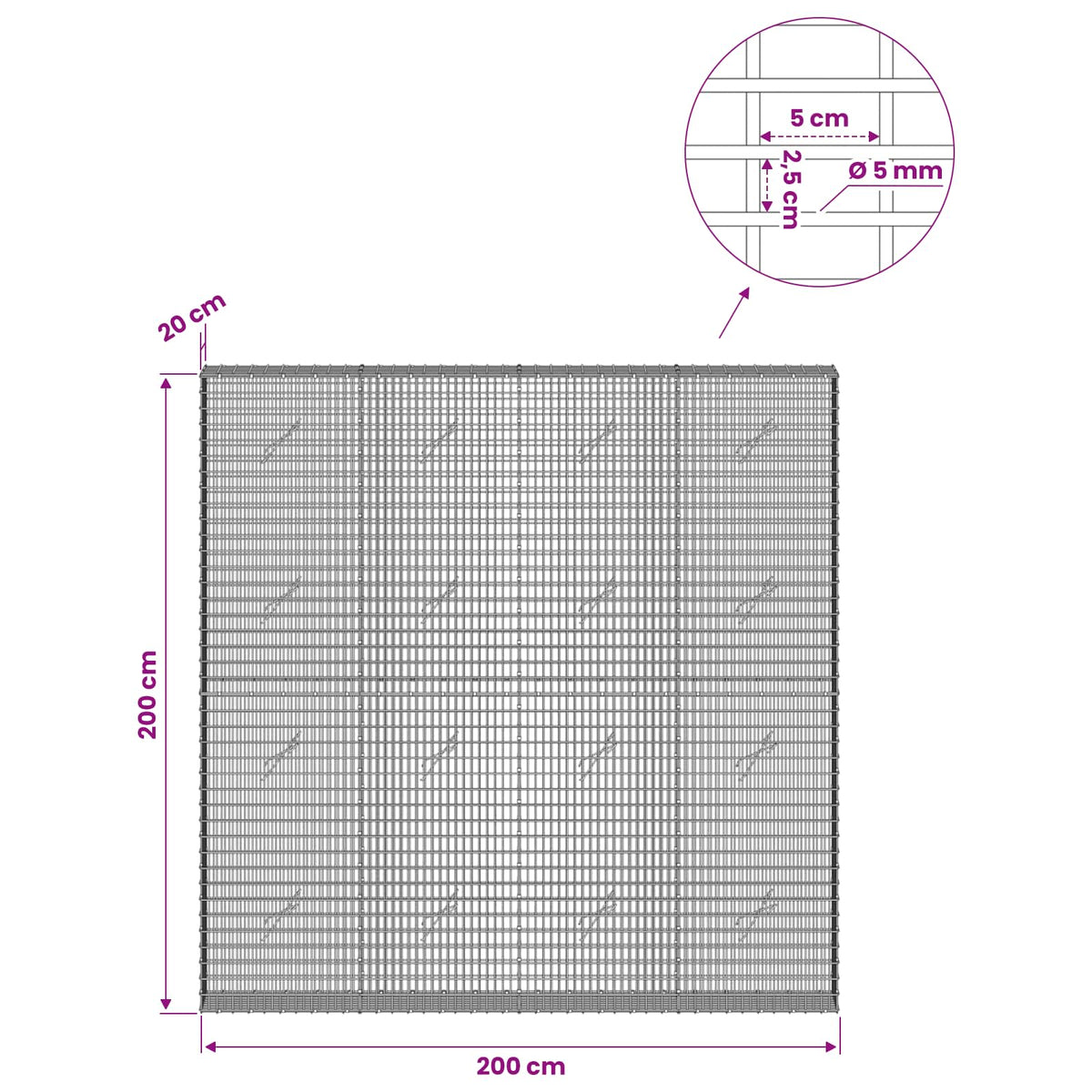 Gabionas su 5 mm viela ir 5x2,5 cm tinkleliu 200x20x200 cm