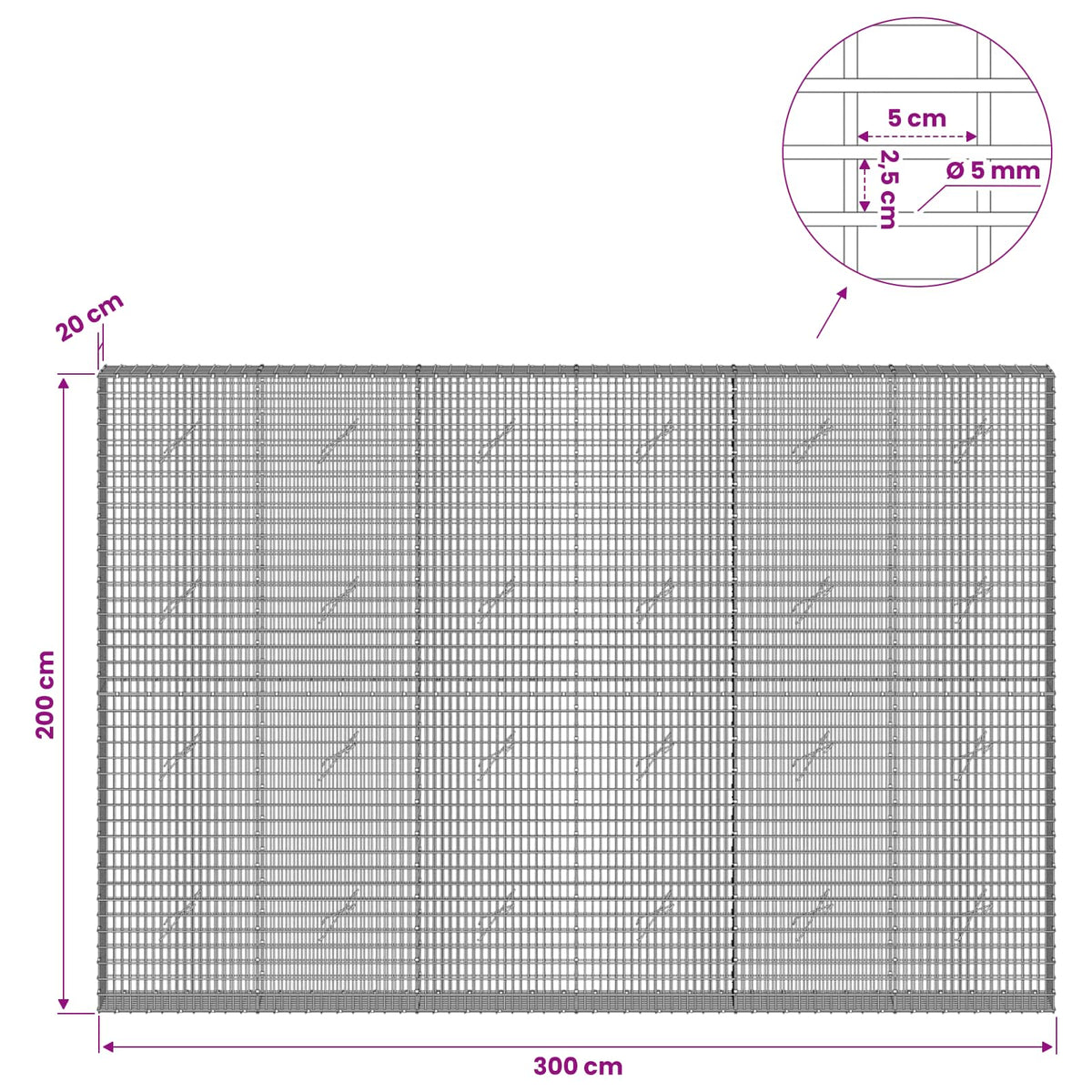 Gabionas su 5 mm viela ir 5x2,5 cm tinkleliu 300x20x200 cm