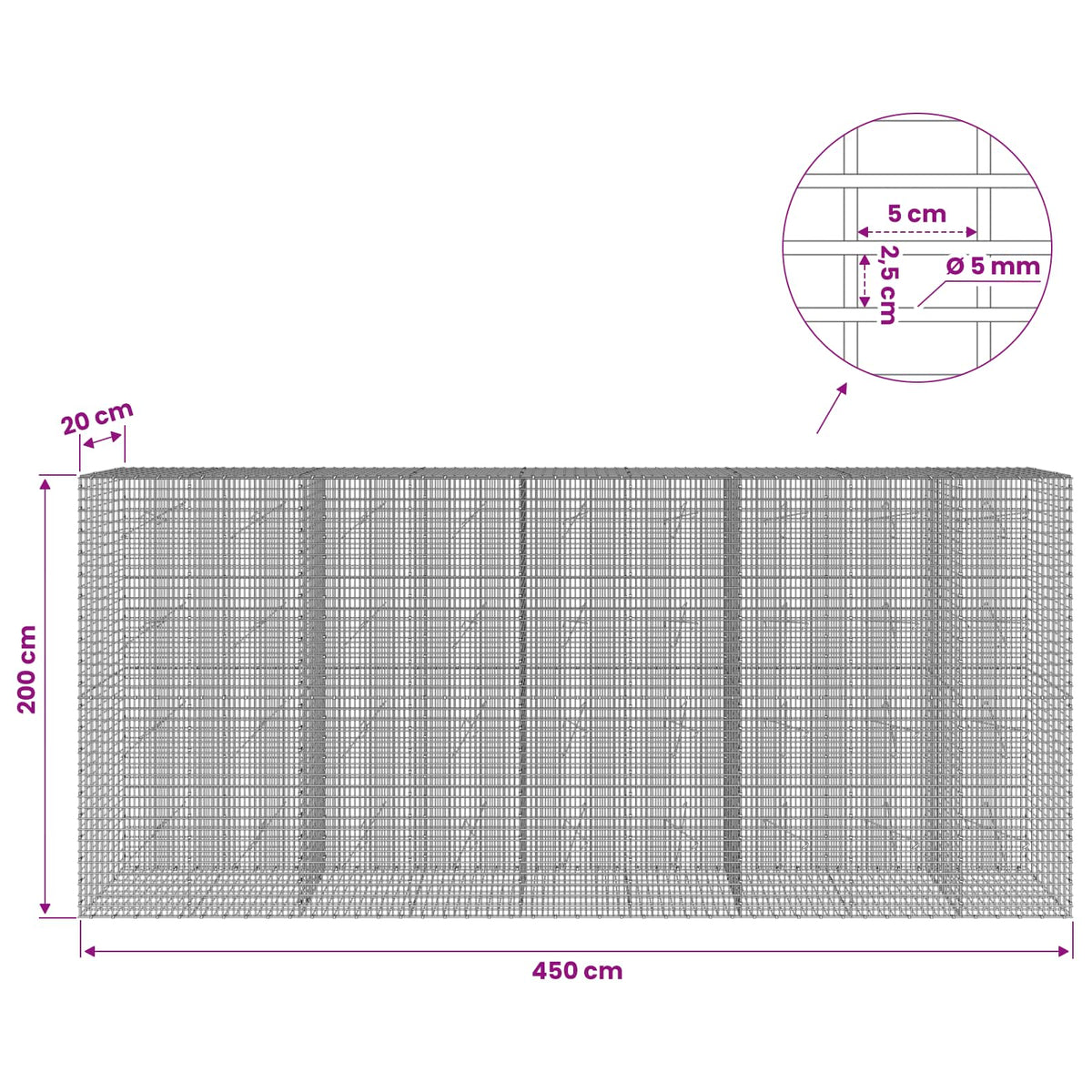 Gabionas su 5 mm viela ir 5x2,5 cm tinkleliu 450x20x200 cm