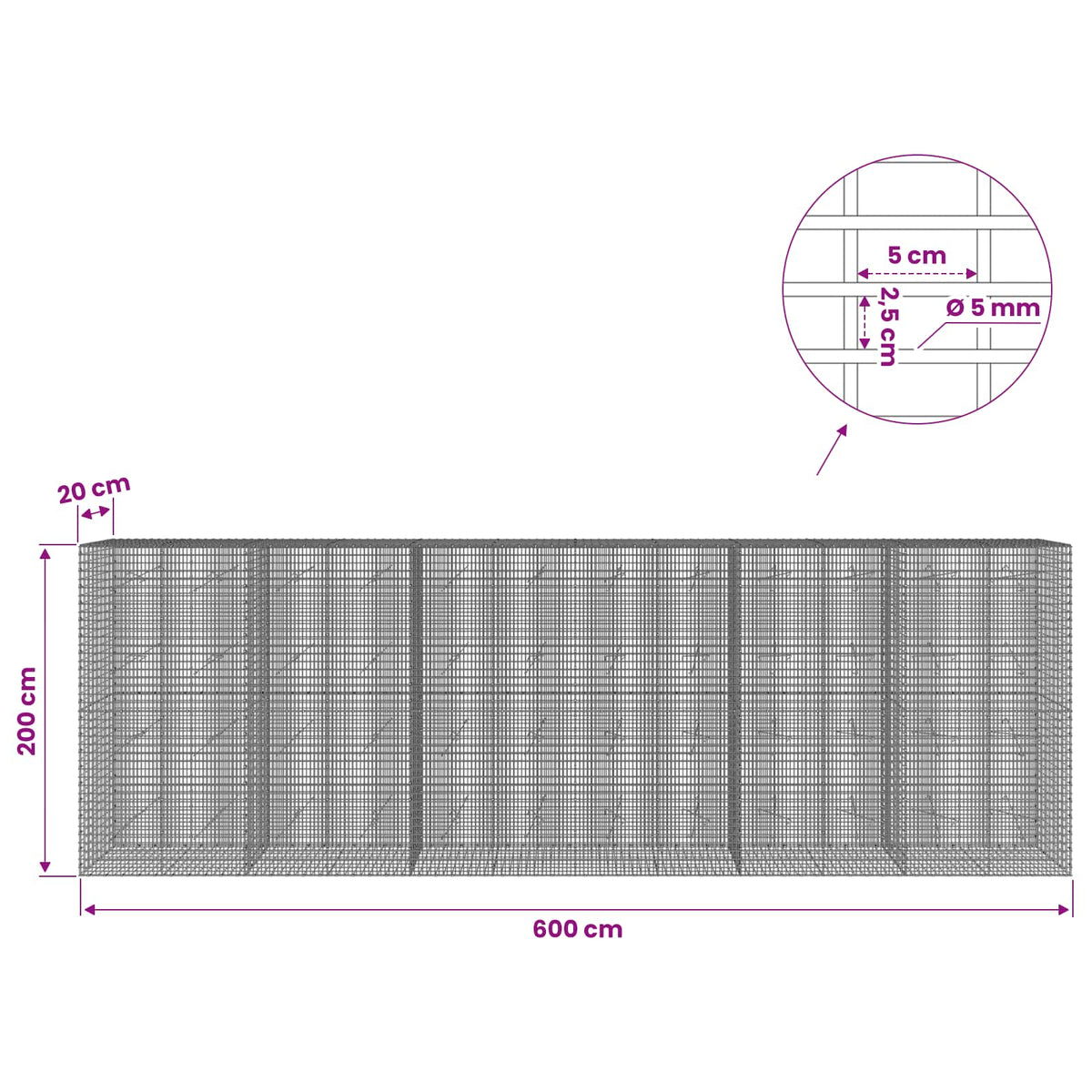 Gabionas su 5 mm viela ir 5x2,5 cm tinkleliu 600x20x200 cm