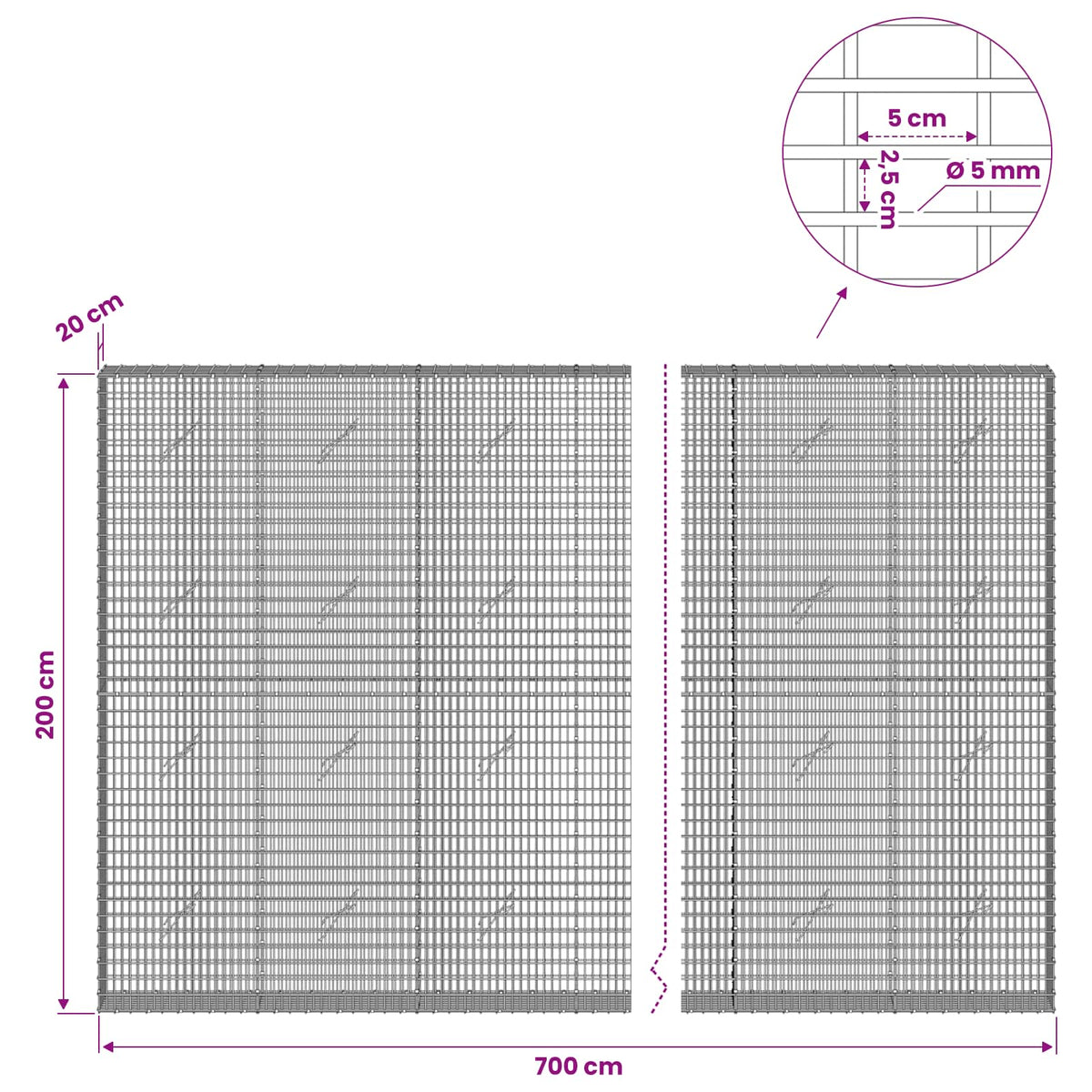 Gabionas su 5 mm viela ir 5x2,5 cm tinkleliu 700x20x200 cm