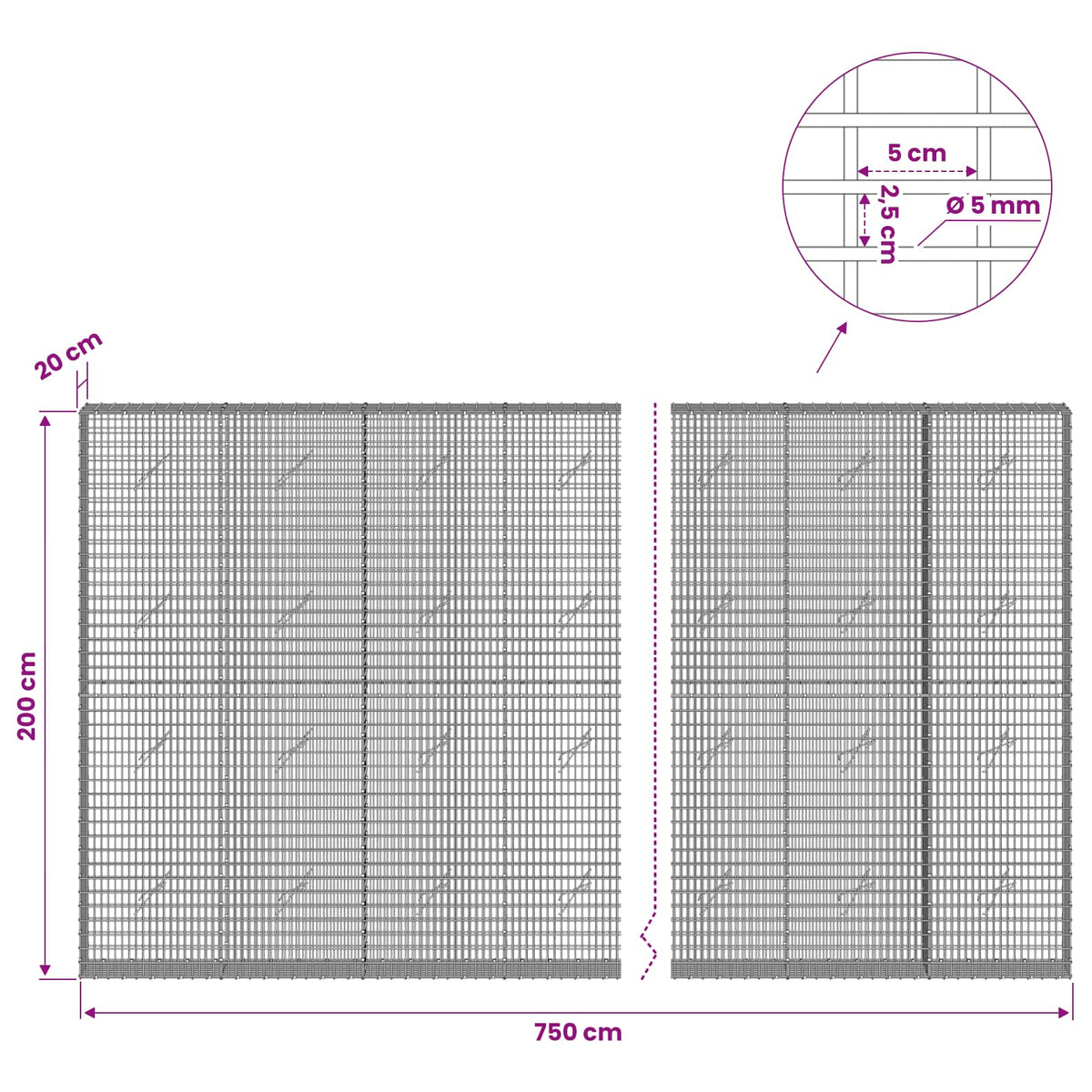 Gabionas su 5 mm viela ir 5x2,5 cm tinkleliu 750x20x200 cm