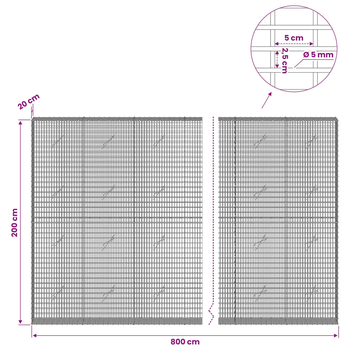 Gabionas su 5 mm viela ir 5x2,5 cm tinkleliu 800x20x200 cm