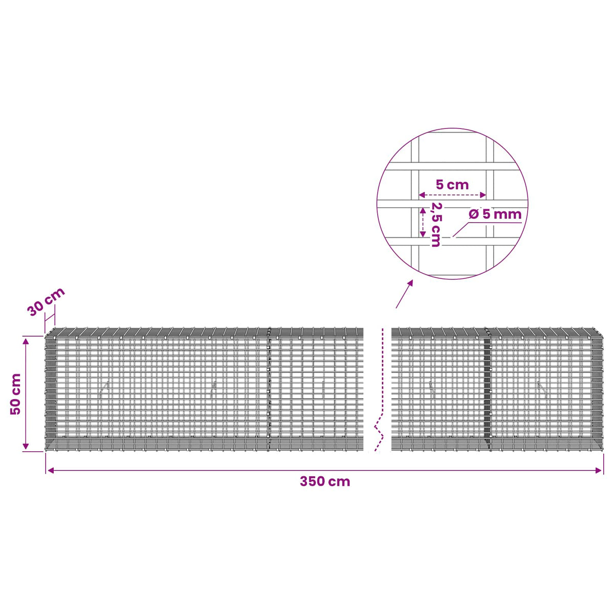Gabionas su 5 mm viela ir 5x2,5 cm tinkleliu 350x30x50 cm