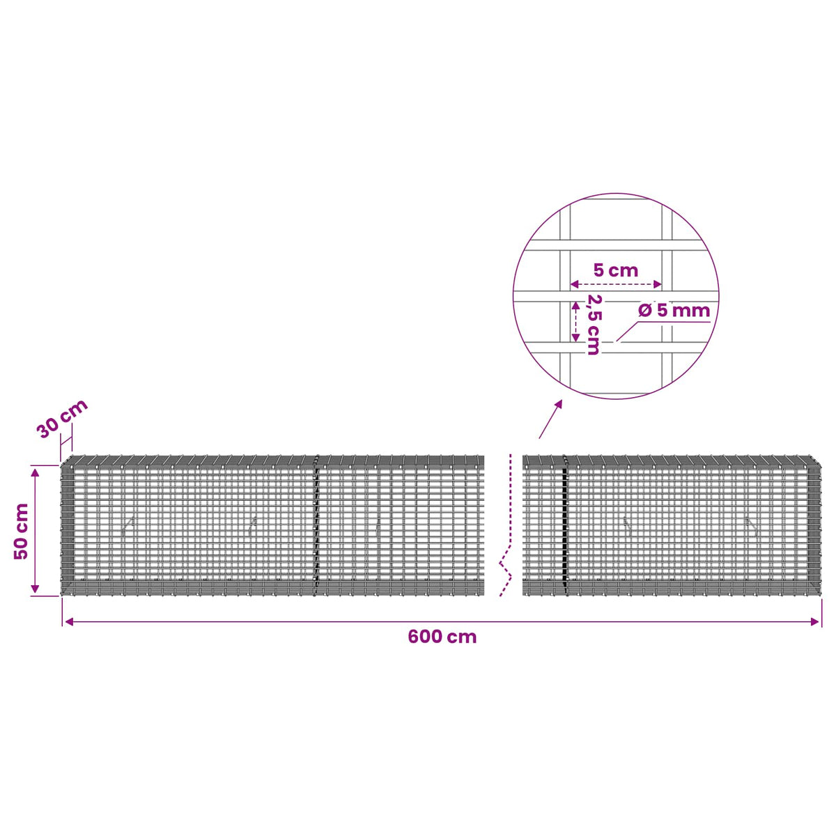 Gabionas su 5 mm viela ir 5x2,5 cm tinkleliu 600x30x50 cm