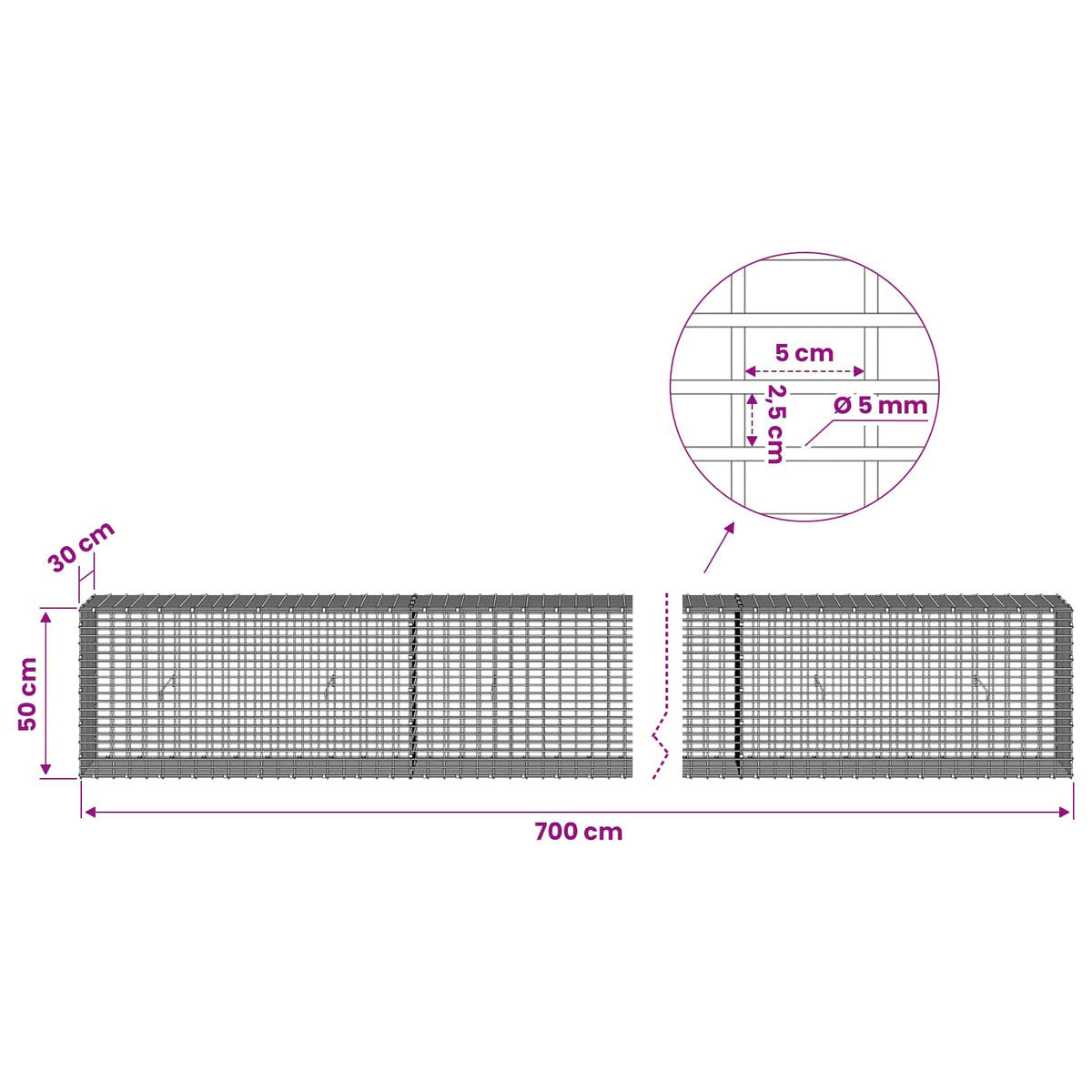 Gabionas su 5 mm viela ir 5x2,5 cm tinkleliu 700x30x50 cm