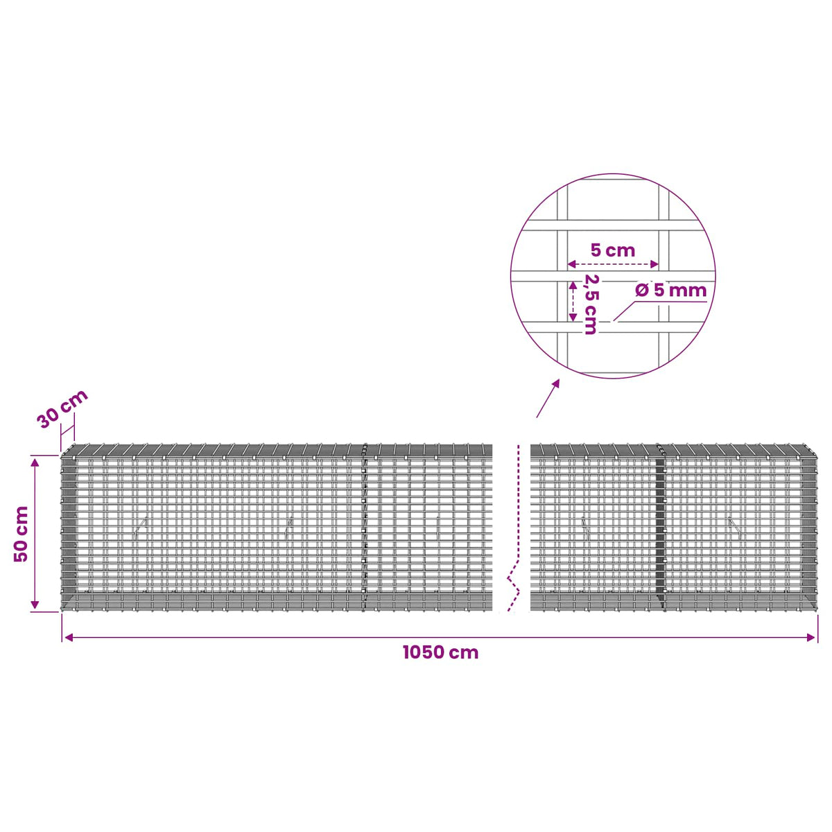 Gabionas su 5 mm viela ir 5x2,5 cm tinkleliu 1050x30x50 cm