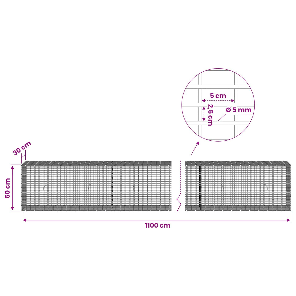 Gabionas su 5 mm viela ir 5x2,5 cm tinkleliu 1100x30x50 cm