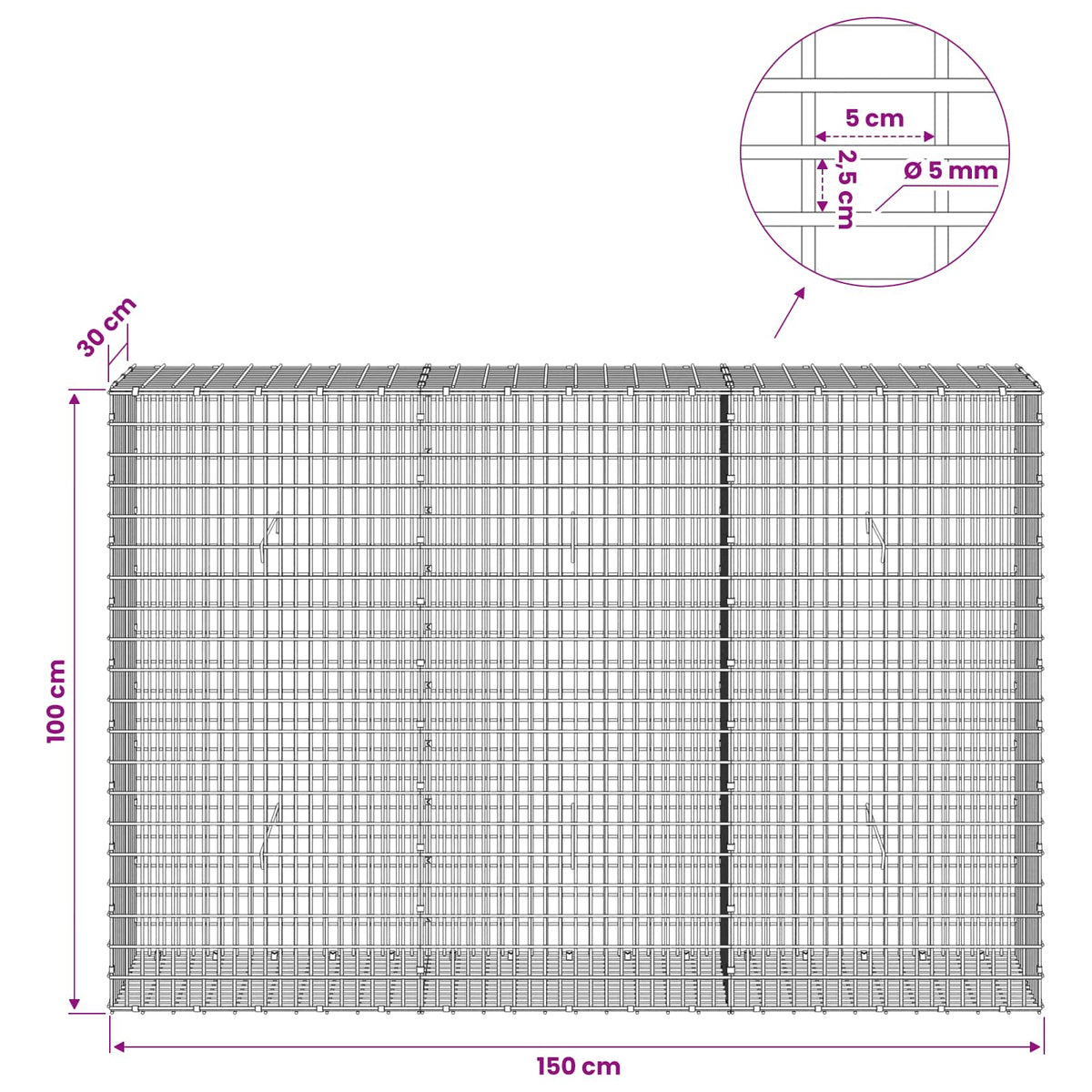 Gabionas su 5 mm viela ir 5x2,5 cm tinkleliu 150x30x100 cm