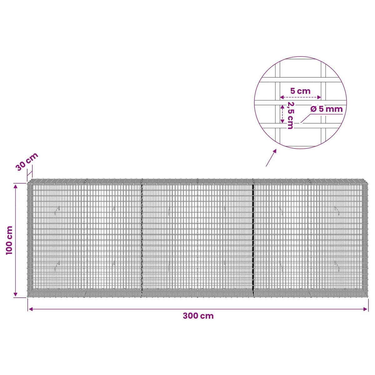 Gabionas su 5 mm viela ir 5x2,5 cm tinkleliu 300x30x100 cm