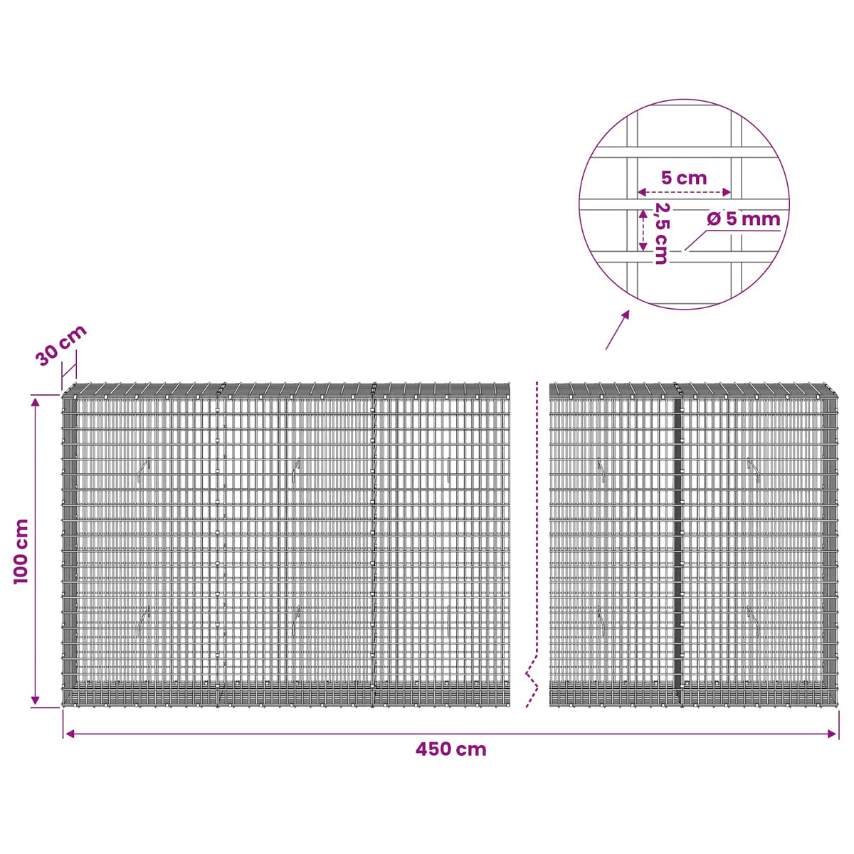 Gabionas su 5 mm viela ir 5x2,5 cm tinkleliu 450x30x100 cm