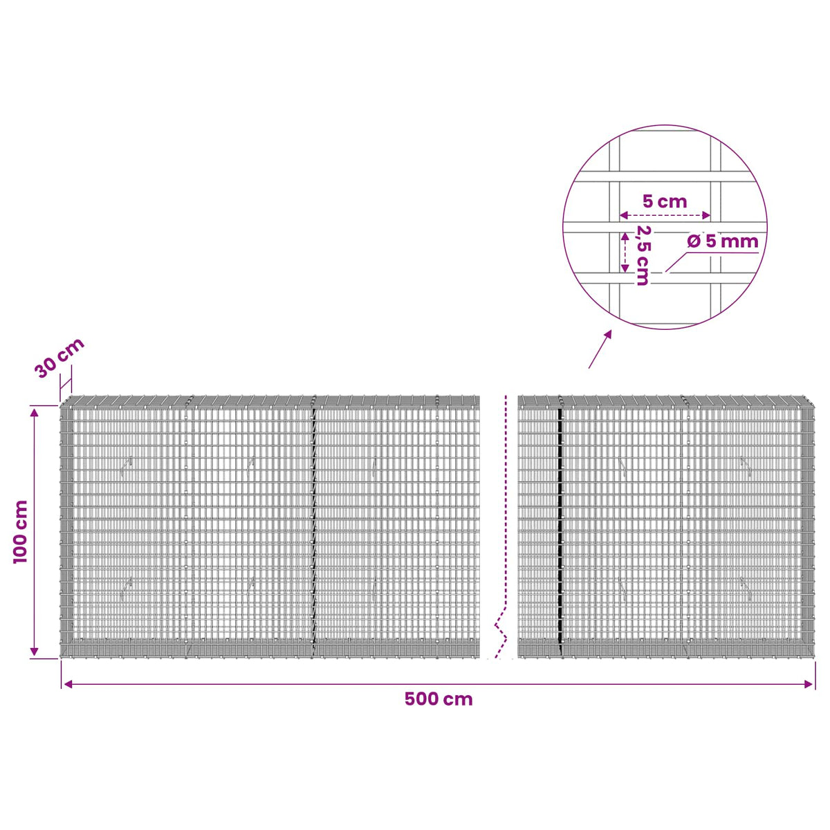 Gabionas su 5 mm viela ir 5x2,5 cm tinkleliu 500x30x100 cm