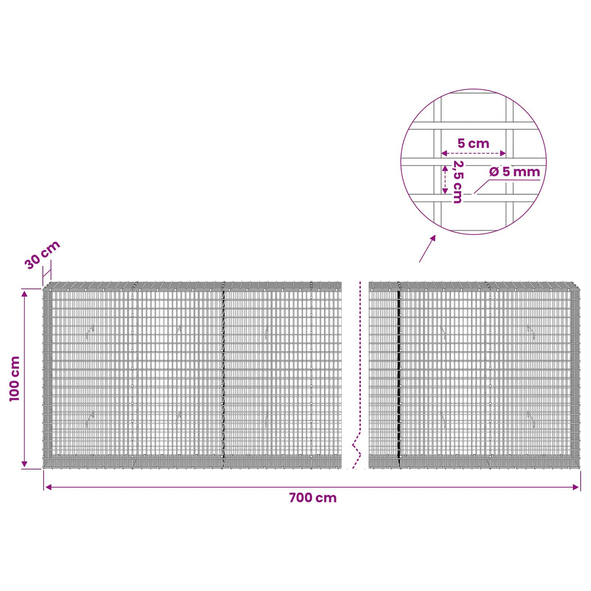 Gabionas su 5 mm viela ir 5x2,5 cm tinkleliu 700x30x100 cm