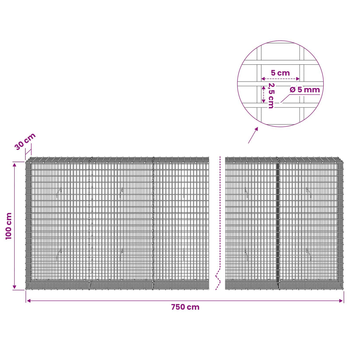 Gabionas su 5 mm viela ir 5x2,5 cm tinkleliu 750x30x100 cm