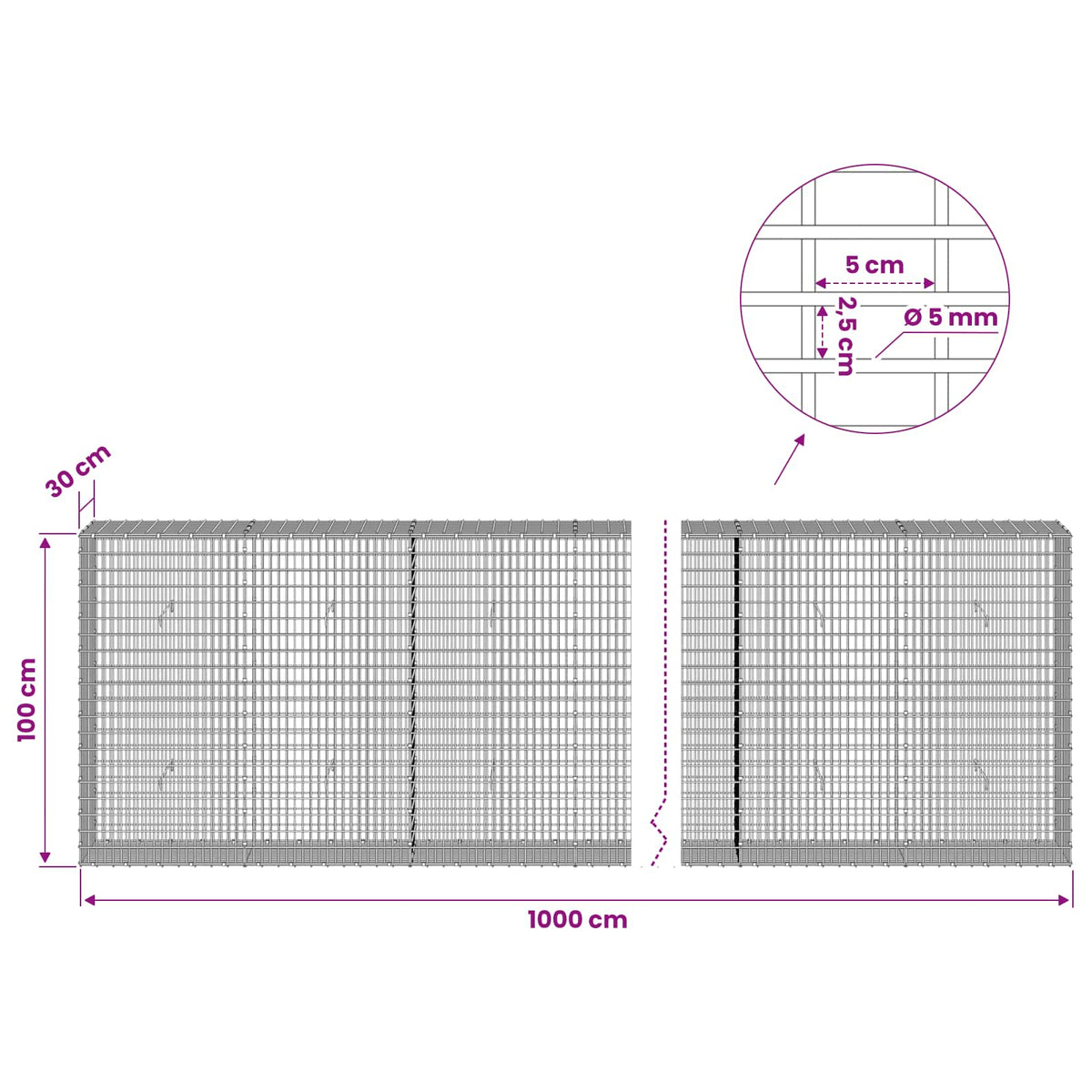 Gabionas su 5 mm viela ir 5x2,5 cm tinkleliu 1000x30x100 cm